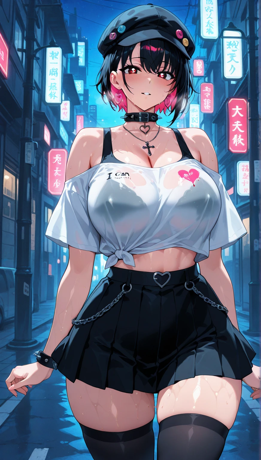 Rave girl,1 girl,((girl with extremely cute and beautiful hair)),(((Big breasts: 1.5)))(((neon pink hair: 1.75, wild hair, long hair: 1.8 , colored inner hair ,)), (((neon_eyes: 1.6))), intricate eyes, beautiful detailed eyes, symmetrical eyes, (( (bright skin: 1.8, glowing skin: 1.8, glowing skin, very shiny, shiny body, plastic shiny skin, exaggerated shiny skin, shiny skin, wet legs))),(narrow waist, five fingers, perfect hands,detailed body, (((detailed face, men's thong, panty strap)) ), seductive, Erotic, (((nsfw)) ),( zetai ryouiki), semi, (((below breast, half naked,cropped shirt))) , seaside cyberpunk city at night with glowing signs, neon lights and clouds dark storm and puddles, scenery: 1, 25, night, starry night, cosmos, very dark night that highlights neon lights, very bright neon lights, artistic photography, (photo taken by SLDR), high resolution, sharp focus, (ultra detailed, extremely detailed), art (photorealistic): 1.37), (extremely detailed 8k CG unit wallpaper), ((synthesized wave background theme)), (((vibrant colors))), intricate , (complex background), (Art), (best quality), perfect rendered face, perfect face details, realistic face, realistic photo, analog style, ((intricate details)), (((Realism)) )
