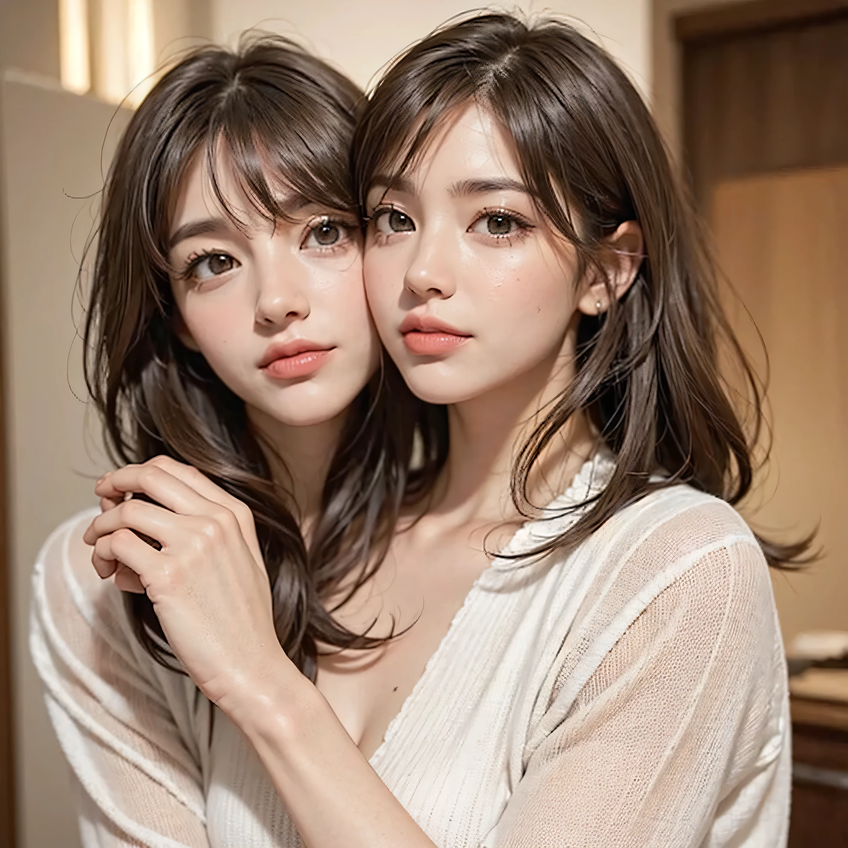 Two people facing each other face to face、Hug each other tightly、Two people hugging and kissing、lilie、Two cute pretty girls、masterpiece、highest quality、realisticlying、realisitic、Seductive bright smile、short clean hair with bangs、Loose business shirt、enticing eyes、(cleavage of the breast)、(Pure white background with really nothing from floor to ceiling)、(28 year old)、extremely detaile、tall、neck long、Straighten your back、Put your ears out、Highlights in the eyes、lipgloss、glowy skin、White-colored skin、Clean collarbone、closes mouth、Happily、Nice proportions、Look firmly at the camera、Chained、lovely、Adorable、Two people kissing
