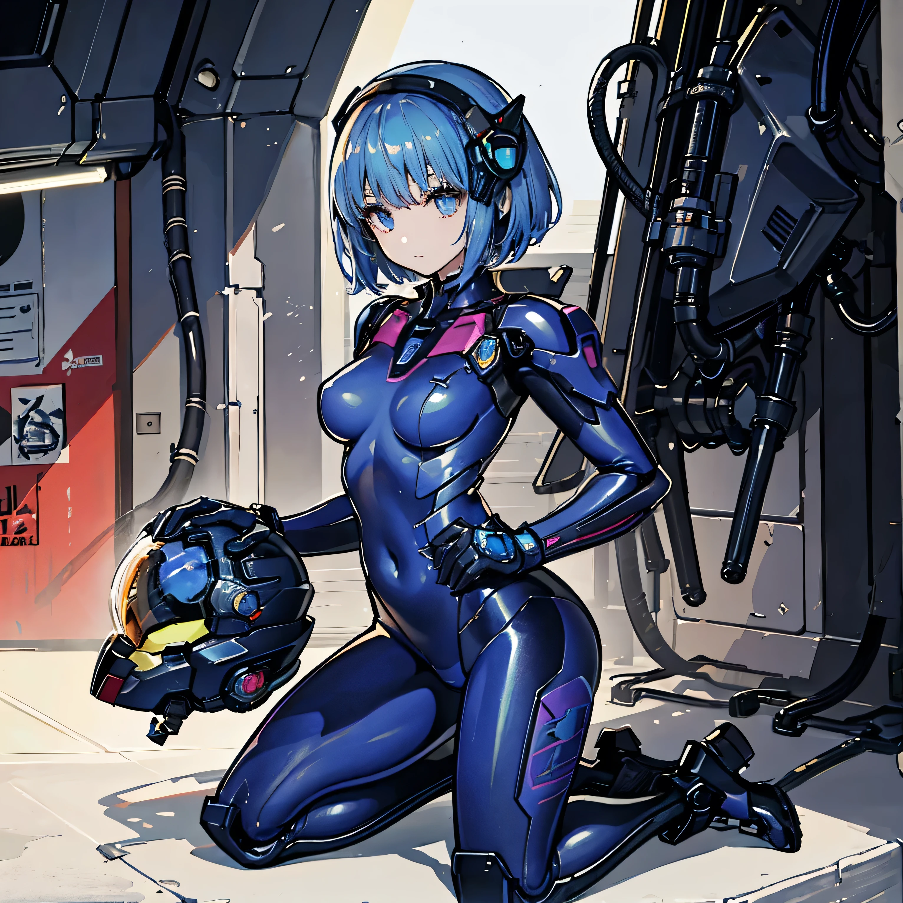 blue hair、masterpiece、Best Quality、1 girl、Shining Eyes、medium breasts、((album cover))、light on face、slender body、 blue costume on the chest、exoskeleton、Metal Gear、cyberpunk style、Gundam Pilot、attention arousal,Kneeling pose、 pilot helmet