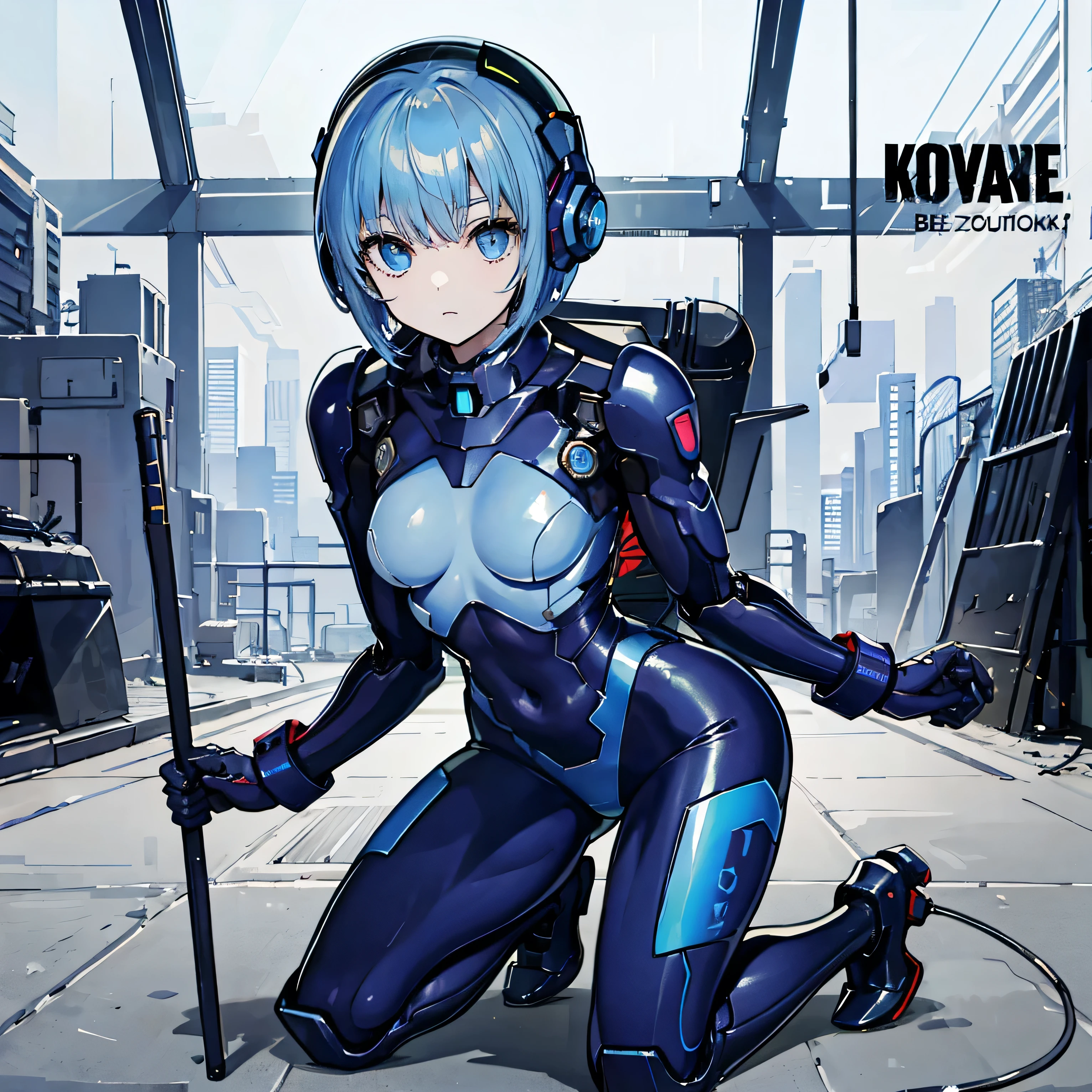 (Masterpiece, Highest quality, Highest resolution, distinct_image, Detailed details): (Solo, lone girl, Japan Faces, Blue-haired girl, Short hair, Full body figure, small size breasts, sparkly blue color eyes, Pilot suit in white and blue metallic tones, black color, tight fit clothes, clothes covering the whole body, Beauty, Slim body, exoskeleton, kneeboots, heroine, lay on back, The thighs are spread from side to side, Arm-length gloves, headset on head)