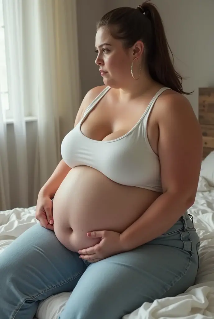 A bbw with a defined body, with light brown wavy hair in tight jeans sitting on the lap of a smaller man