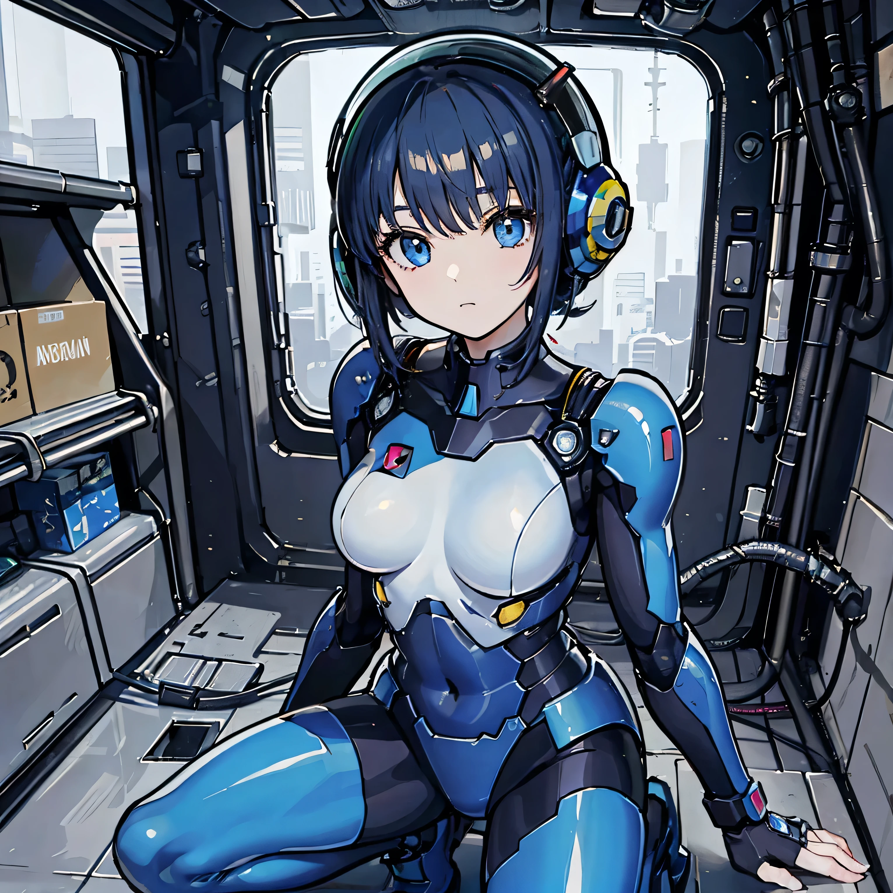 8K Wallpaper,masterpiece,best quality, illustration、(highly detailed CGillustration)、((extremely delicate and beautiful))、cinematic light and shadow、((1woman))、独奏、cowboy shot、looking at viewer,(charactor focus)、absurderes、highly contrast、Extreme Details、colourfull、highestdetailed、scientific fiction、Nanosuit、High ponytail、(lightblue hair)、yellow eyes、knee boots、(spaceship interior)、Mechanical limbs、large full breasts、Metal wire、