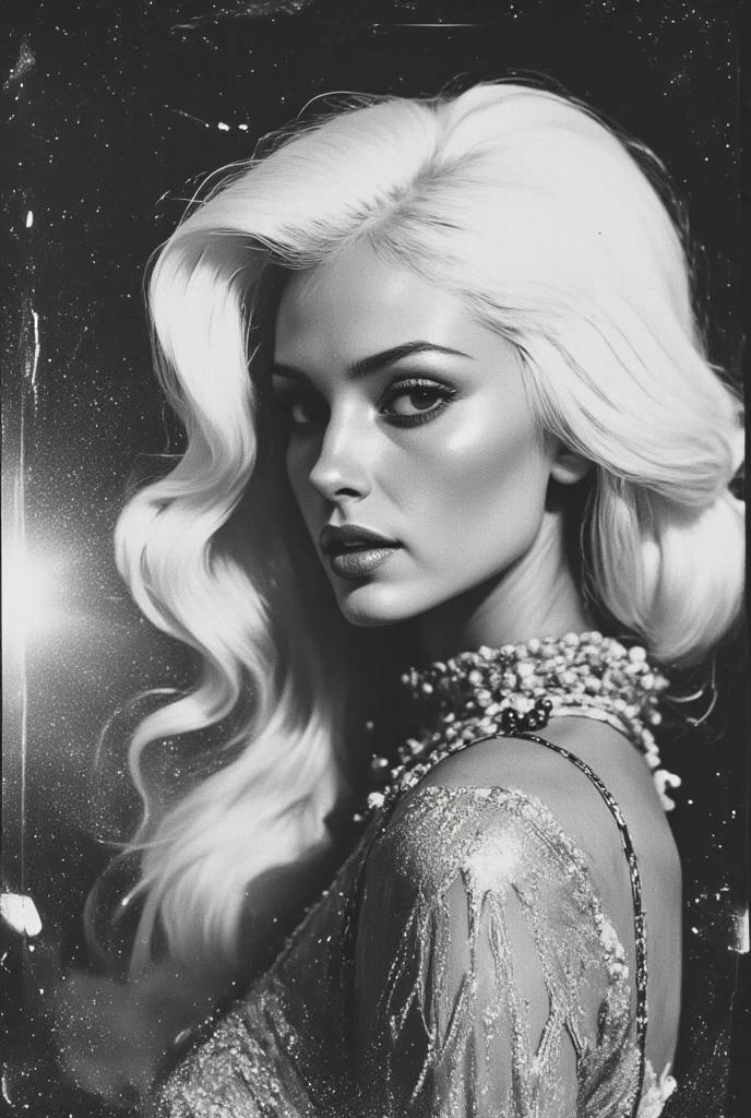 The most unusual photo in the world of photography.  It is unusual because it is a work of art in the River Oaks style, made in the modern-ambient and minimalist style.  This is a black and white photograph on kodak portra film with acid stains around the edges.  The soft lighting and the f-stop setting create a romantic facial line, so that the model's beautiful face is in focus, but the near and far parts of her figure remain out of focus.  The effect resembles a fairy-tale fantasy with a subtle glow that creates a sense of depth.  The background is playfully highlighted and out of focus.  The model is dressed in couture clothes inspired by the images of Sid Meade and Karl Lagerfeld.  She poses for Mademoiselle like a stylish supermodel, but she remains approachable and not too proud.  Her elegant long hair is bleached white and styled in the brightest and most expressive hairstyle, perfectly contrasting with her medium-toned skin.  The image is breathtaking, and it's beautifully put together.