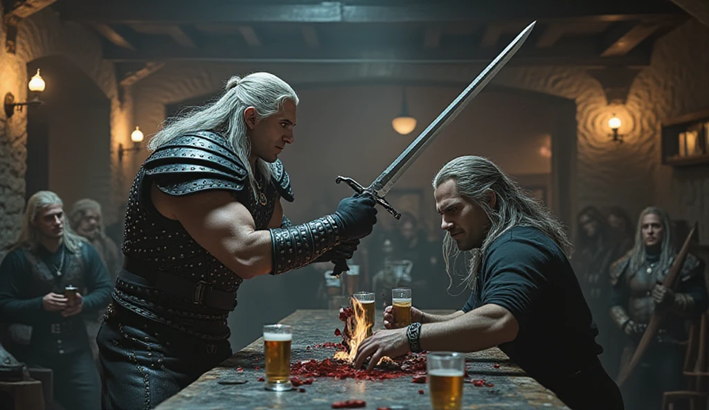 two mens, an 18 year old young man, short red hair , wearing jeans and a white t-shirt, lean, muscular body and red hair, and a young man with long white hair and a youthful appearance, around 30 years old, look like henry cavill, with animal leather pants, bare chest and holding a sword, sitting in front of a 12th century hut on a rainy day