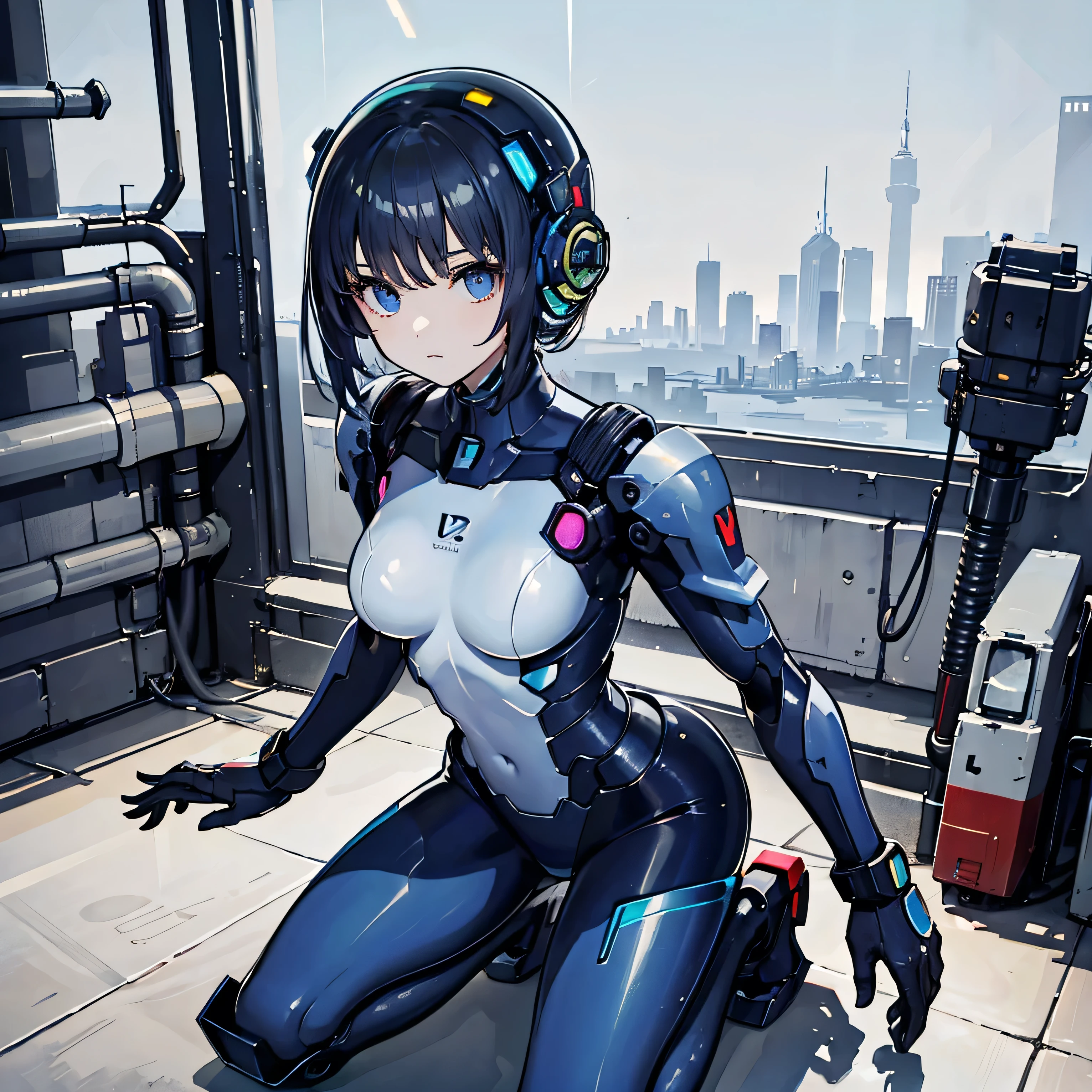 (masterpiece, best quality), 1 girl, perfect body, big breasts, woman, futuristic plugsuit, kneeling pose, command center, neon accents, contrast, space station, asteriod field