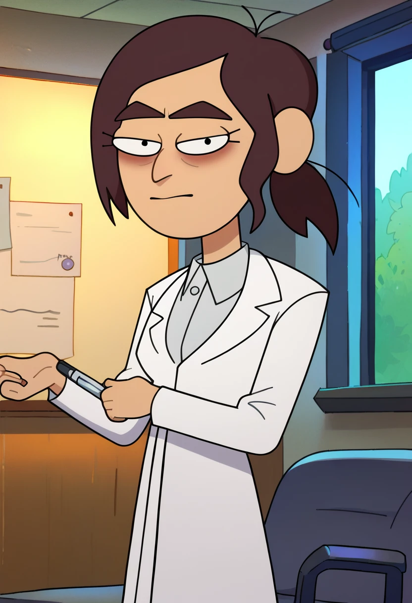 <lora:Reagan:0.8>, 1girl, 4k, Reagan, standing, huge breasts, looking at viewer, labcoat, naked labcoat, open labcoat, nude, sitting, desk, office,