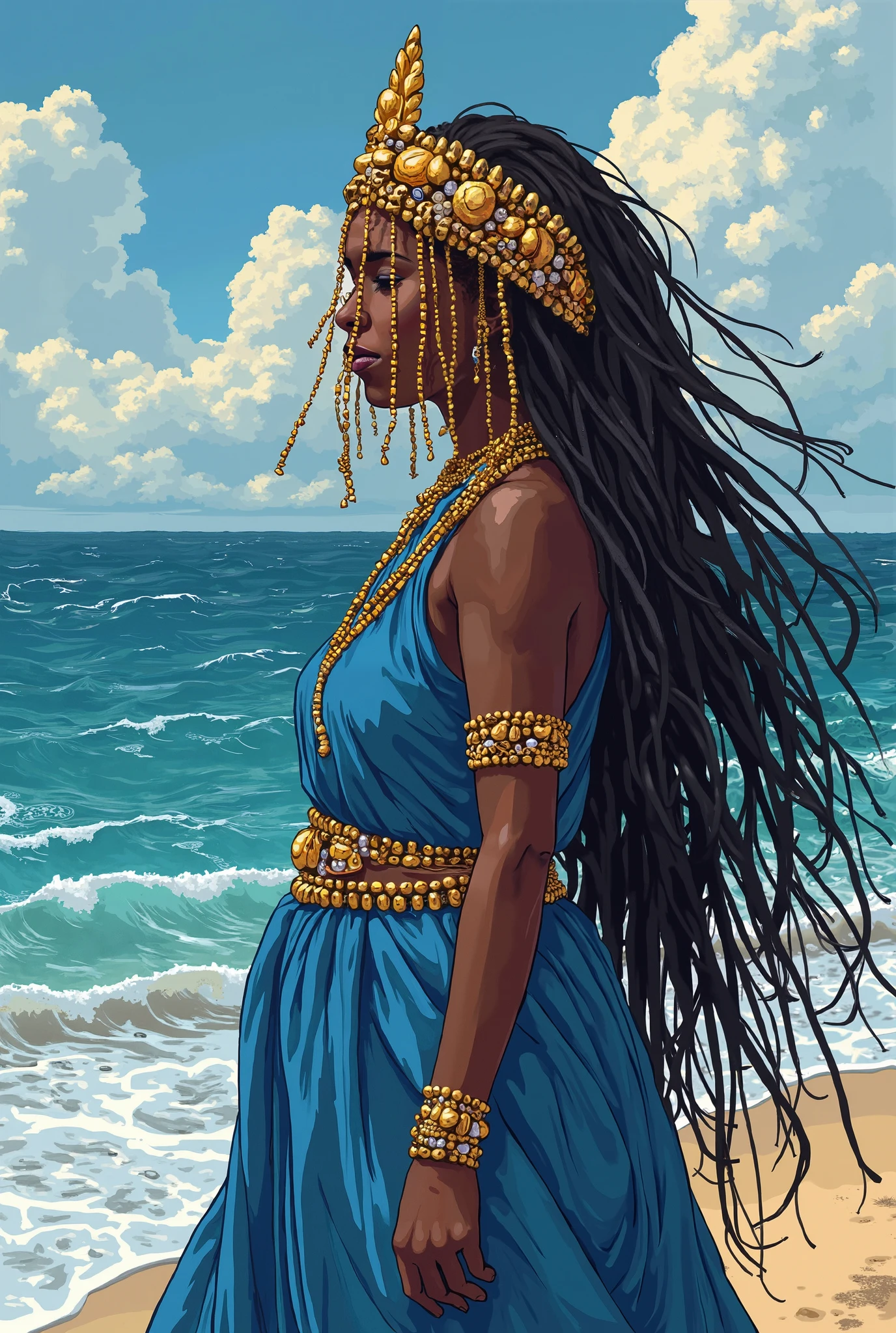 "A serene and majestic depiction of Iemanjá, the Yoruba orixá of the sea and mother of all orixás. She is portrayed as a beautiful and regal African woman, adorned in flowing blue and white robes, symbolizing the ocean waves. Iemanjá is surrounded by the sea, with gentle waves lapping at her feet, and a crown of pearls and seashells adorning her head. The background features a tranquil ocean scene with a setting sun casting a golden glow on the water, highlighting her nurturing and protective nature. The scene is peaceful and radiant, reflecting her role as the mother and protector of life."