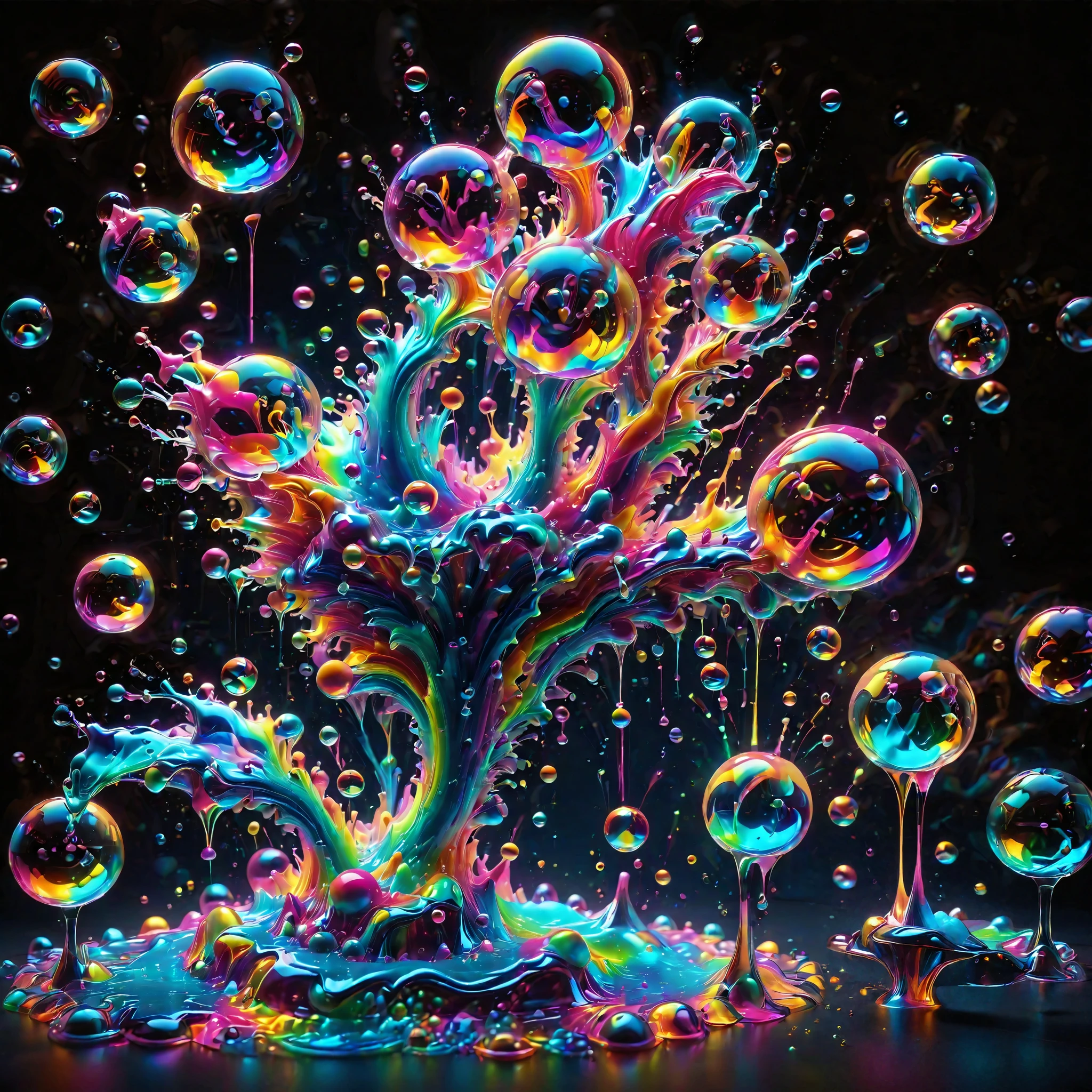 Ultra-realistic, ultra-detailed, photo-realistic, cinematic lighting, cinematic portrait, cinematic photography, portrait photography, cinematography, full focus, UHDR, hyperrealistic,3D.Balls and orbs are quickly filling with multicolored liquid from melted candy pieces that soon overflow from one glass orb into another in a psychedelic dream, brought on by psilocybin and a fever. Perfectly formed 360° symmetrical glass spheres rise up in an inky black liquid solution. The melting candy is heavier than the solution, and they are overflowing into glass spheres floating beneath them. When they reach a certain height, they catch on fire and spin counterclockwise to the ground where more spheres rise up in their place.  Beautiful psychedelic digital art, pixel art, neon colors, 4d mandelbulb psychedelics, glass like psychedelic landscape, intricate rainbow colored candy melt environment. Black liquid background air bubbles rise up and reflect light with psychedelic underwater brightness. LSD,DMT, Psilocybin, Mescaline, trails of color and light, bright fluorescent colors, psychedelic trip, fluorescent psychedelic aesthetic, psychedelic vibrant colors. Small portals blow bright bubbles up among the glass spheres. The bubbles are lighter and rise faster in bright psychedelic neon colors, colorful paint drips out of the bubbles as they rise high enough in 3D glory. Glass spheres melt into each other spilling out colours, visually disorienting, hallucination inducing, optical illusions a must, startling, stunning images, awe inspiringly, best quality wallpaper, Pixel Assets, Portrait photography, surrealism, Photorealistic, Hyperdetailed, Glass Morphism, Digital Art, Sparkle, Optical Illusion, Glowing Light, Reflection Light, Overexposure, God rays Backlighting, Depth Of Field, Rotational Symmetry, UHD, High Details, High Quality, Super Detailed, Best Quality, incorporate a lot of neon green, neon pink, and electric blue edging ,trim and white lightning.Looking at viewer, 
