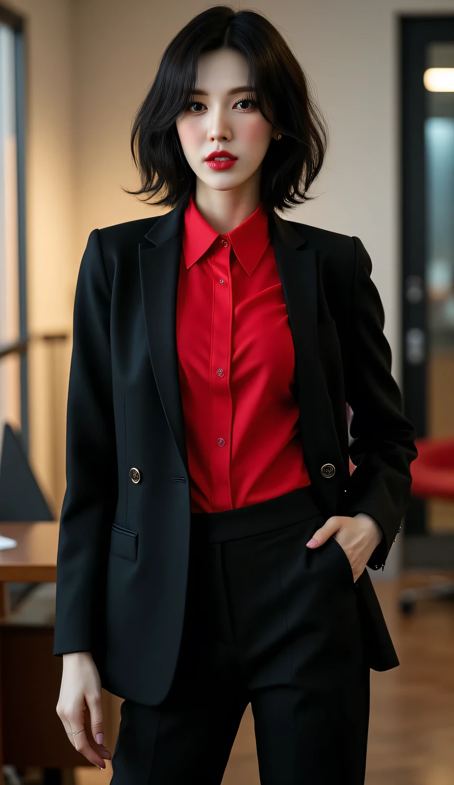 a woman, standing in the office, shirt looks full body, front facing, wear a black open blazer with a red formal shirt, black tight formal pants, big , red lips, seductive face, black hair