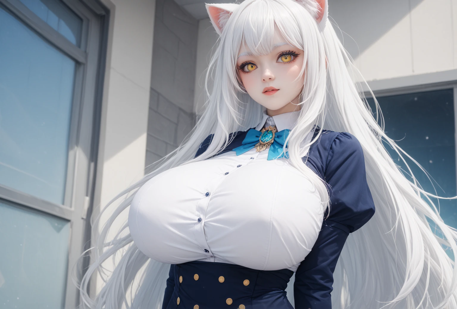 (masterpiece: 1.2, best quality), (real photo, intricate details), 1 woman, alone, upper body, casual, shoulder length hair, Minimal makeup, Natural fabrics, face close up, laugh, Home, gray hair, blue eyes, cat ears,