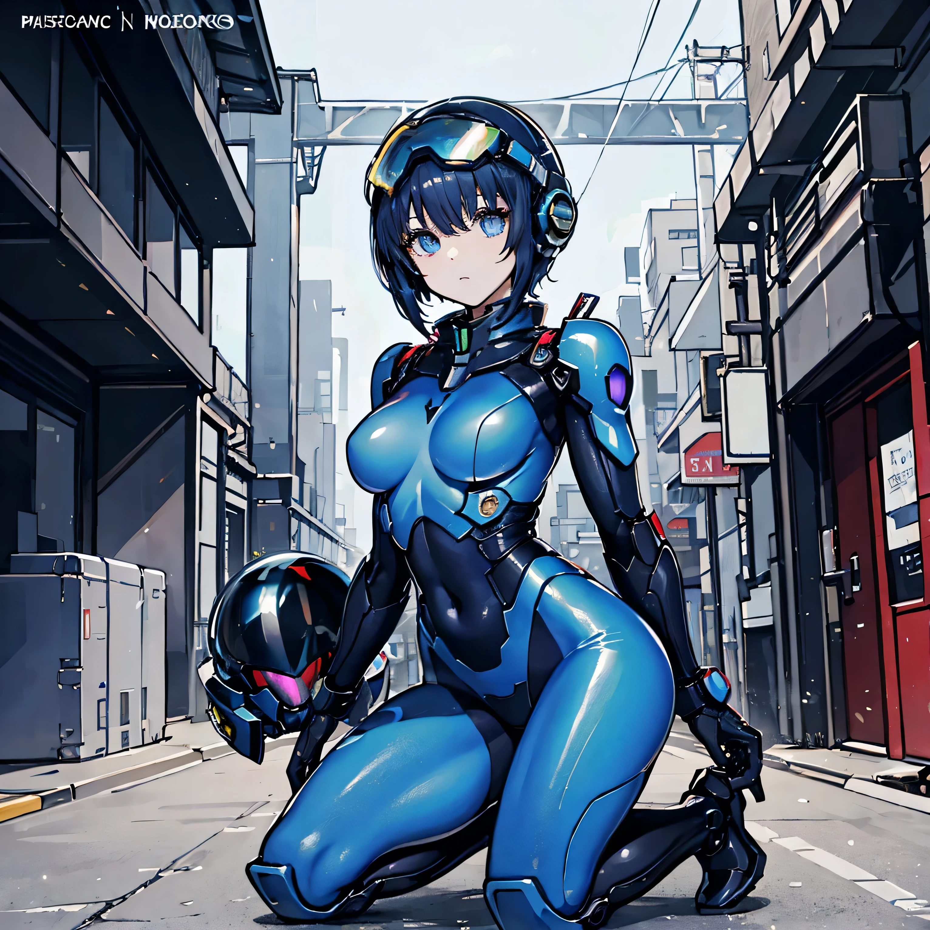 (masterpiece, best quality, Maximum resolution, clearly_image, details): (Solitary,  girl, face is Japan person, shortcut, Blue hair girl, Full body picture, (Perfect body: 1.4), Shining blue eyes, white and blue, Black pilot suit, Tight clothing, Clothing that covers the entire body, Very delicate and beautiful, Delicate skin, slim, Exoskeleton, Actress, earphone, boots)