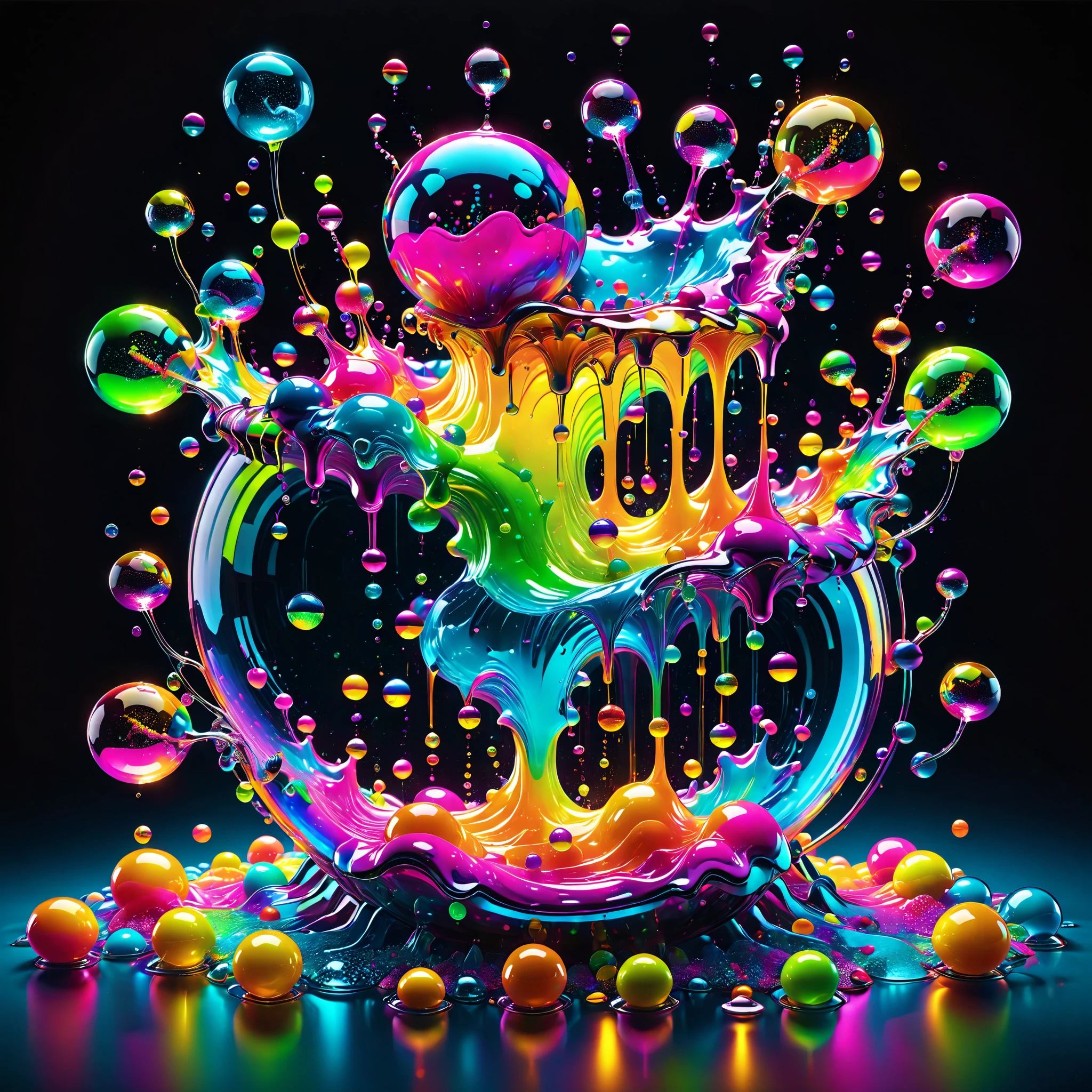 Ultra-realistic, ultra-detailed, photo-realistic, cinematic lighting, cinematic portrait, cinematic photography, portrait photography, cinematography, full focus, UHDR, hyperrealistic,3D.Balls and orbs are quickly filling with multicolored liquid from melted candy pieces that soon overflow from one glass orb into another in a psychedelic dream, brought on by psilocybin and a fever. Perfectly formed 360° symmetrical glass spheres rise up in an inky black liquid solution. The melting candy is heavier than the solution, and they are overflowing into glass spheres floating beneath them. When they reach a certain height, they catch on fire and spin counterclockwise to the ground where more spheres rise up in their place. Beautiful psychedelic digital art, pixel art, neon colors, 4d mandelbulb psychedelics, glass like psychedelic landscape, intricate rainbow colored candy melt environment. Black liquid background air bubbles rise up and reflect light with psychedelic underwater brightness. LSD,DMT, Psilocybin, Mescaline, trails of color and light, bright fluorescent colors, psychedelic trip, fluorescent psychedelic aesthetic, psychedelic vibrant colors. Small portals blow bright bubbles up among the glass spheres. The bubbles are lighter and rise faster in bright psychedelic neon colors, colorful paint drips out of the bubbles as they rise high enough in 3D glory. Glass spheres melt into each other spilling out colours, visually disorienting, hallucination inducing, optical illusions a must, startling, stunning images, awe inspiringly, best quality wallpaper, Pixel Assets, Portrait photography, surrealism, Photorealistic, Hyperdetailed, Glass Morphism, Digital Art, Sparkle, Optical Illusion, Glowing Light, Reflection Light, Overexposure, God rays Backlighting, Depth Of Field, Rotational Symmetry, UHD, High Details, High Quality, Super Detailed, Best Quality, incorporate a lot of neon green, neon pink, and electric blue edging ,trim and white lightning.Looking at viewer,