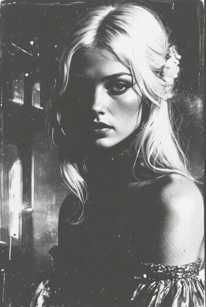 The most unusual photo in the world of photography.  It is unusual because it is a work of art in the River Oaks style, made in the modern-ambient and minimalist style.  This is a black and white photograph on kodak portra film with acid stains around the edges.  The soft lighting and the f-stop setting create a romantic facial line, so that the model's beautiful face is in focus, but the near and far parts of her figure remain out of focus.  The effect resembles a fairy-tale fantasy with a subtle glow that creates a sense of depth.  The background is playfully highlighted and out of focus.  The model is dressed in couture clothes inspired by the images of Sid Meade and Karl Lagerfeld.  She poses for Mademoiselle like a stylish supermodel, but she remains approachable and not too proud.  Her elegant long hair is bleached white and styled in the brightest and most expressive hairstyle, perfectly contrasting with her medium-toned skin.  The image is breathtaking, and it's beautifully put together.