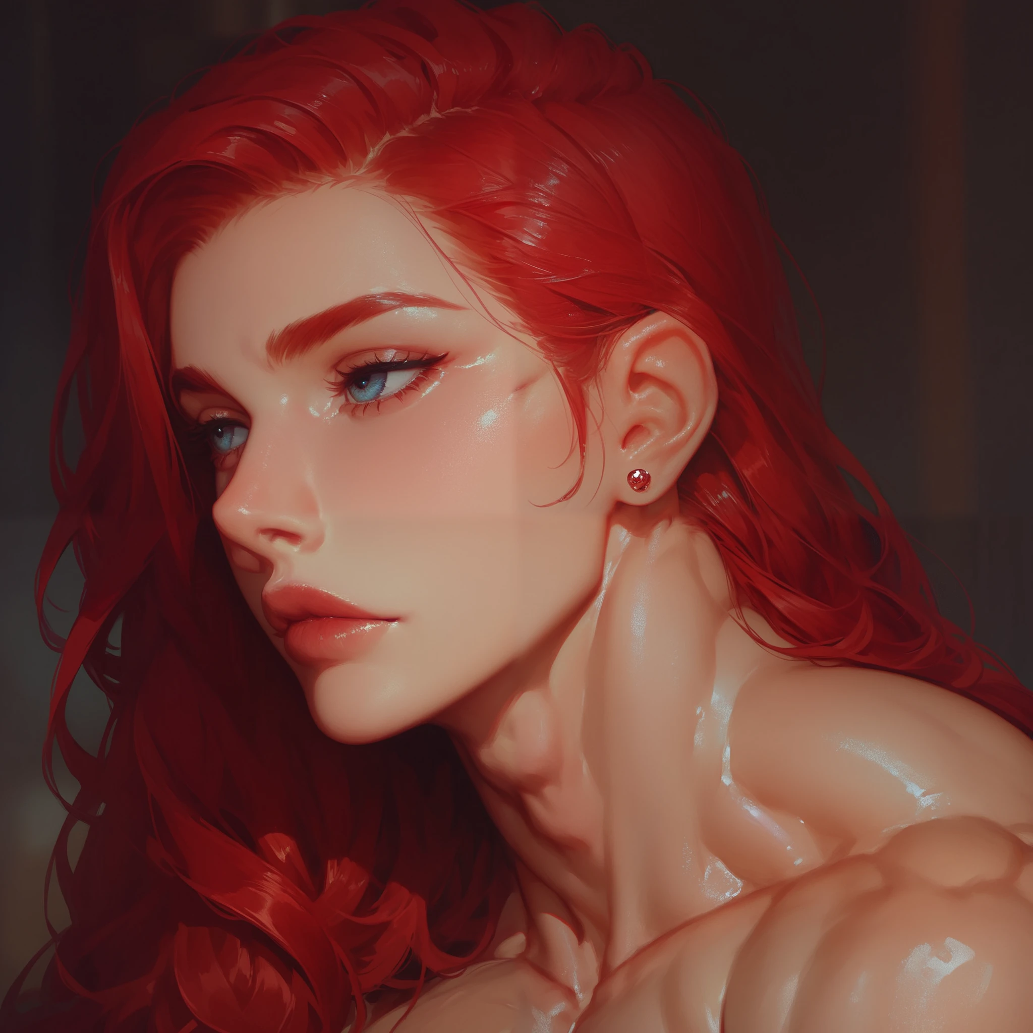 score_9, score_8_up, score_7_up, 1girl, ExpressiveH, solo, red hair, male, muscular male, nude, face focus, looking away, blurry background,