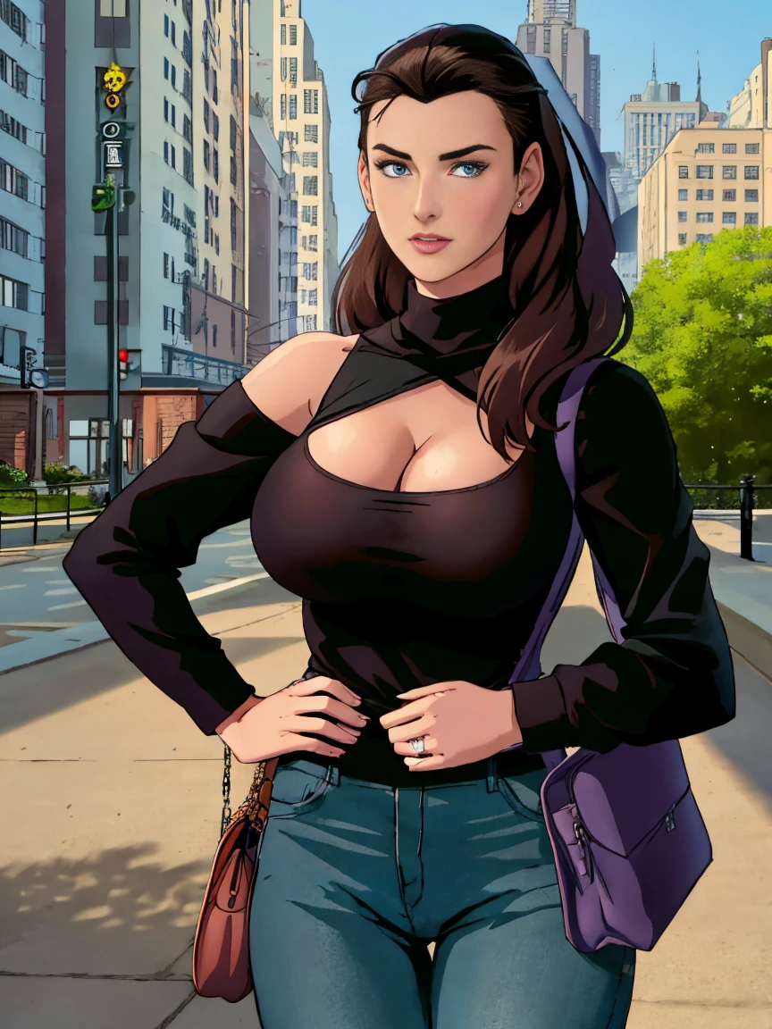 Gorgeous and sultry busty athletic (happy) brunette with sharp facial features, athletic bun, large breasts, cleavage, and a (large nose) wearing a low-cut dark blue shirt, tight beige pants. City street, park, trees.