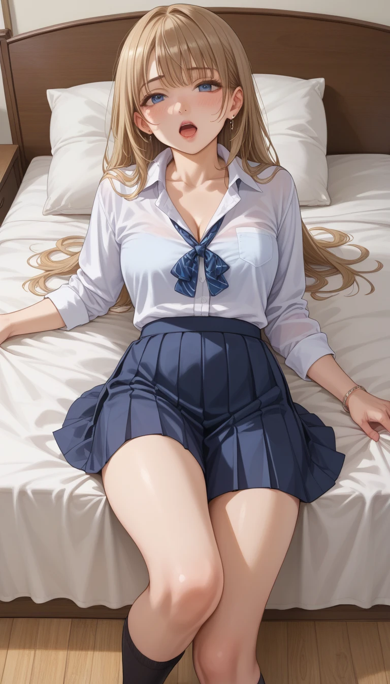 nsfw,superrealistic anime,masterpiece,ultra detailed,8k,white dress shirt,school cardigan,(short plaid pleated skirt),curvy body,(tanned skin:1.1),(japanese gyaru),seductive cute face,silver panties,lying on back on carpet,knees up,painted toe-nails,makeup,at messy private room,left lingeries and clothes on floor,wardrobe,desk,from above