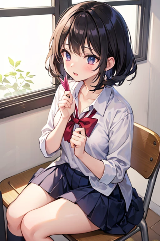 Beautiful woman, (Perfect Anatomy), Slender、(OL、White short sleeve shirt、vest、bow tie, detailed side tie panty), (Look down), (Pussy juice:1.1)、(Hug your chest)、20-year-old、(highest quality)、Black Hair, short hair、 Messy Hair、bedroom、Sitting on the bed、(Cutting seat), (8k, High resolution)、(Embarrassing:1.4)、(blush:1.1), medium breast, (steam:1.1), embarrassed