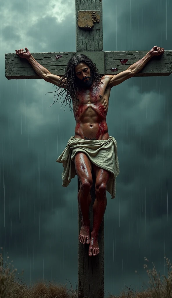 Man alone with arms spread and the two main nailed on a Christian cross, the man is crucified on the cross. It is in the middle of a gloomy and terrifying forest at night. Photorealistic style.
