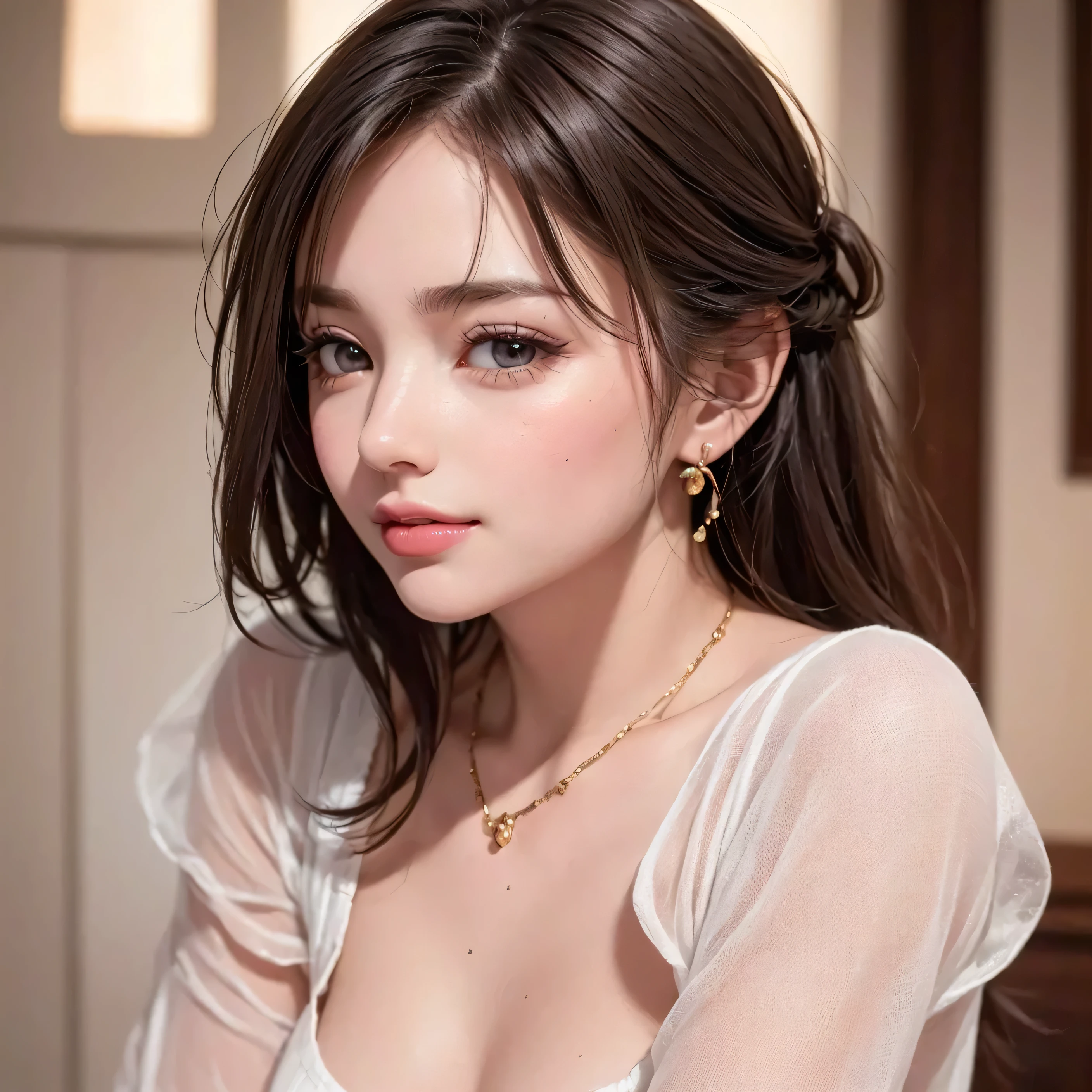beautiful woman, narrow waist, perfect figure, beautiful eyes, long eyelashes, lustrous lips, perfect body, beautiful skin, (best quality,4k,8k,highres,masterpiece:1.2),ultra-detailed,(realistic,photorealistic,photo-realistic:1.37), cinematic scene, beautiful smile, fashion model, long chestnut hair, attractive clothing, beautiful ornaments