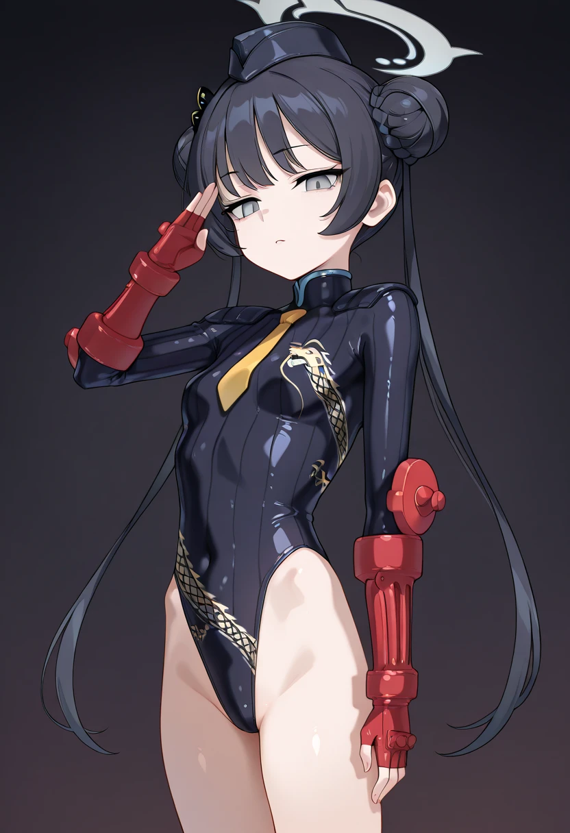 ultra-detailed, Explicit, Beautiful body, Beautiful Nose, Beautiful character design, perfect eyes, perfect face, ultra highres, 4K, beautiful legs, perfect legs, Nice hands, Perfect hand, Masterpiece, Best Quality, Highly detailed, illustration, absurdres, perfect anatomy, street fighter, doll suit, shadaloo doll, dollsuit, expressionless, blank eyes, looking at viewer, red gloves, emotionless, black latex, corruption, mind control, female combatant, full body, hypnotized, unhappy trance, full body suit, ribbed bodysuit, both arms at side, obey, perfect female body, extremely glossy latex, hypnosis, hypnoLora, empty eyes, Mind control device, poses, submissive_pose, Slave, standing straight, standing, standing at attention, hat, necktie, belt, latex, ribbed bodysuit, thigh Highs, garter belt, Fighting Stance, extending the right arm from the shoulder into the air with a straightened hand, military, thigh boots, black pantyhose, (((pixel-perfect, detail-perfect))), solo, 1girl, hair ornaments, miyo, MIYOSAIMORI, 1GIRL, SOLO, BANGS, BRAID, FLOWER, HAIR FLOWER, mole, mole under eye, Long hair, hair over shoulder, black hair, purple eyes, apocalyptic background
