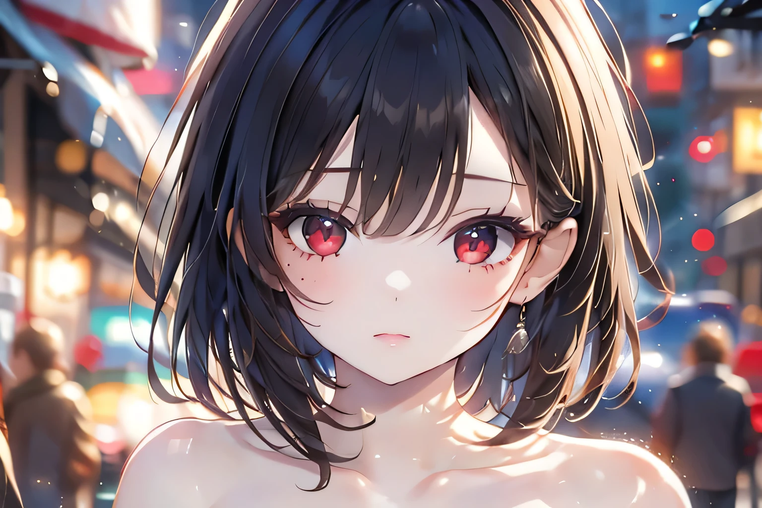 quality, 8k, 4K, High Contrast, masterpiece:1.2, 最high quality, Best aesthetics), ((1 female)),(((Crouching))), bright eyeshadow,((extra short hair)),((naked)), (Dark Room Background), (Beige lace bra), ()下半身はnaked, Female genitals in full view,Pubic hair grows thinly, Transparent Background, (Staring at me), Sleepy eyes, High Contrast, Contrasting colors, Black Hair, Red eyes,, Small star-shaped earrings in both ears, ((low angle shot)),Grown-up face