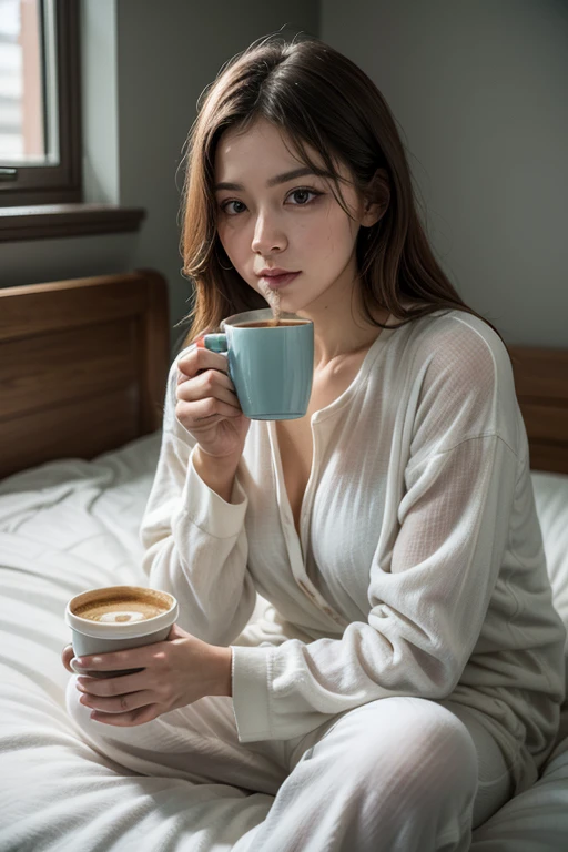 A beautiful sexy young woman , japanese woman , wearing a fit white T-shirt . drink a coffee , on bed.