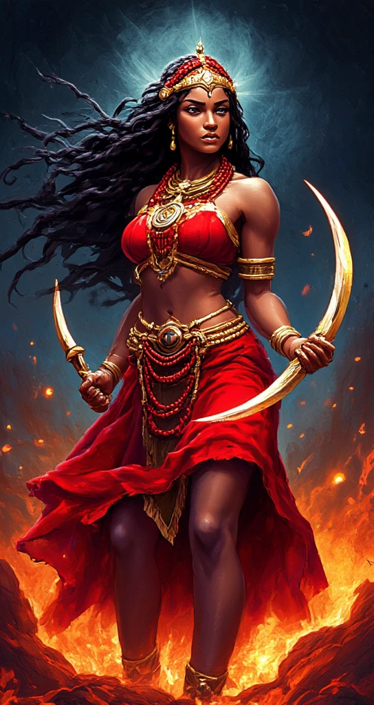 An ancient Indian goddess, holding a machete, standing on the ground, little clothes, and the background is full of a sea of fire that fills the sky, lion standing background