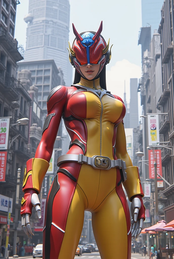 (((blue sky with cloud in background))), Ultraman、realistic、realistic、cinematic lighting, Girl in a shiny red and silver suit、18 years old、professional photo, Japanese model, Japanese cgi、Ultraman Suit、tight and thin cyber suit, Whole body rubbery delicate body, big breasts、small ass、thin thighs、thin arms、thin waist、camel toe、Both sides of the cyber suit stick to the skin、Big eyes、black short hair、facing the front、facing the front、A glowing sphere is embedded in the chest.
