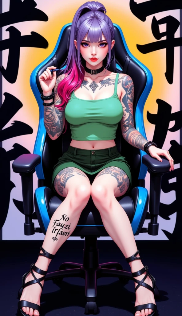 [Core Concept] A fit, athletic woman in sportswear preparing to get a tattoo.

[Character Description] The woman has a slender, toned figure with large, prominent breasts. She has vibrant purple hair and striking cyan-colored eyes that draw the viewer's attention.

[Environment/Background] The scene takes place in a setting suitable for receiving a tattoo, perhaps a tattoo parlor or studio with the necessary equipment and tools.

[Style and Atmosphere] The overall style anime has a dynamic, energetic feel, reflecting the subject's active lifestyle and the anticipation of the tattoo process.

[Composition] The composition focuses on the woman's upper body, capturing her confident, poised stance as she prepares for the tattoo.

[Details and Embellishments] The woman's hands are visible, adding a sense of realism and emphasizing her physical engagement in the process. The sportswear and her toned physique suggest an athletic, active lifestyle.

[Technical Specifications] The image should be rendered with a high level of detail and realism, highlighting the woman's facial features, the texture of her skin, and the materiality of her sportswear and surroundings.