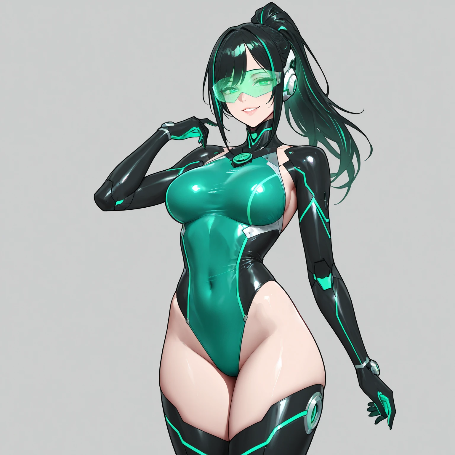 Sailor Neptune of the Fallen. female solo. Aqua color hair. Brainwashed eyes. A black mask that hides the eyes. Evil costume. nefarious smirk. Latex Costume. Full Body Stockings. Futuristic machine background.