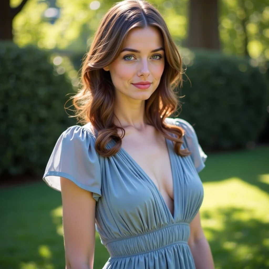 (Best Quality), (ultra-detailliert), (master piece), (hight resolution), 16K resolution, 1 woman, 20 years old, Candice Swanepoel, close up portrait, slose up shot, sassy smile, radiant smile, seductive, lustful facial expression, confident, grey cashmere wool dress, off shoulder dress, skintight dress, golden jewelry, looking at viewer, light blue eyes, ((bright eyes)), blond hair, hair tied back, (beautiful and detailed face), slender waist, thin body, narrow shoulders, outside, german forest, oak forest, in the middle of the forest, leans on tree, misty mounatins in background, sunrise, sunshine
