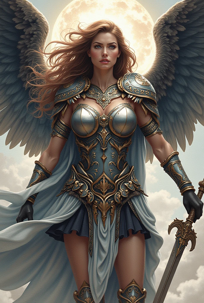 Denise Milani as a Asgard valkyrie,blue eyes, long brown hair, perfect body, Senhora Cavaleiro,Anatomia correta,holding a magical big sword, epic fantasy digital art, masterpiece,8k,high-definition resolution,desenho detalhado,Qualidade Superior,, Epic composition