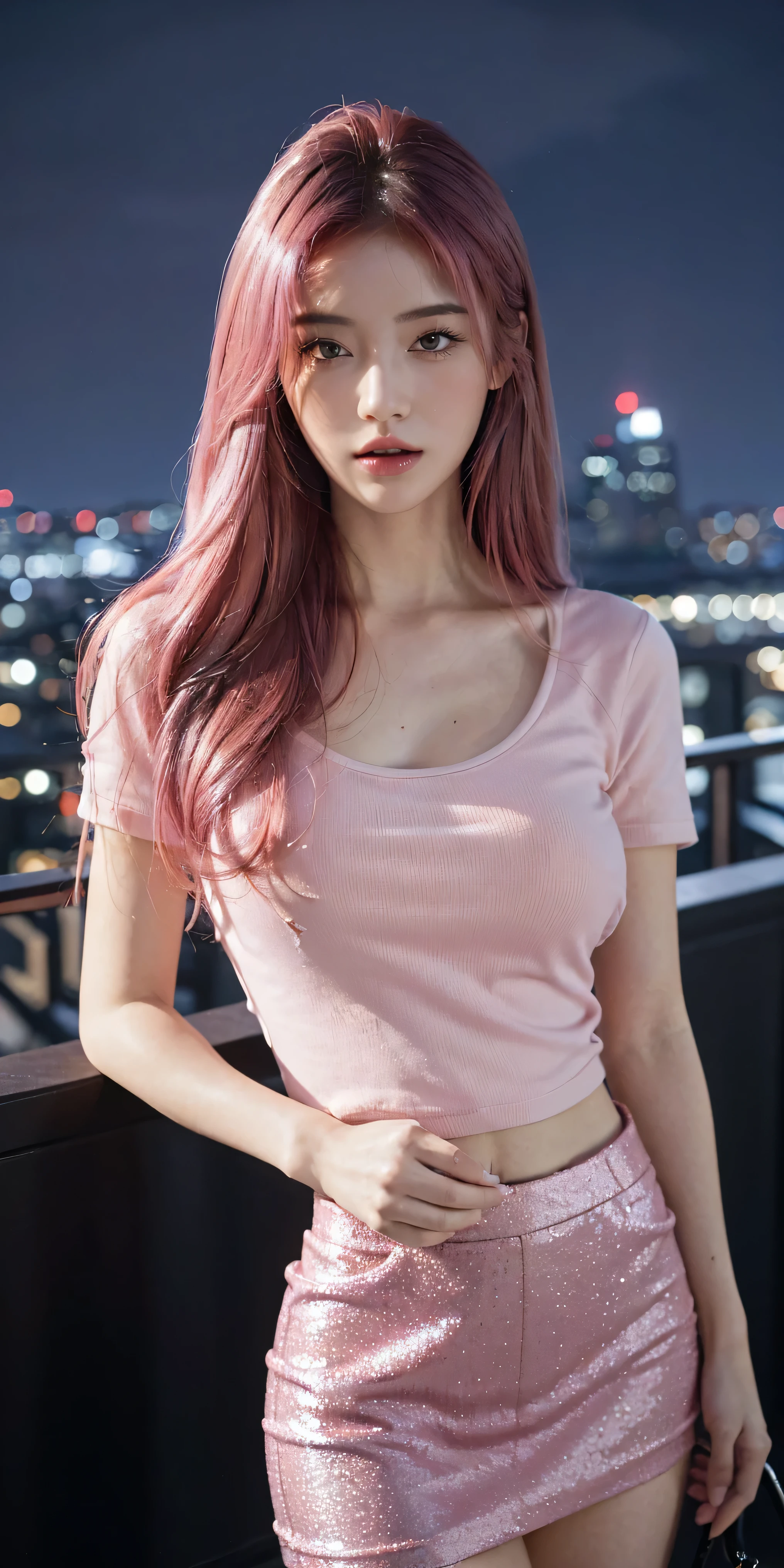 1 Girl, Medium-round perky , Starry Eyes, freckles, cute smile, voluptuous, booty, (8k, RAW Photo, High Sensitivity, Best Quality, Masterpiece, Ultra High Resolution, Realism: 1.25), Blush, (Very Detailed CG Unity 8k Wallpaper, Best Quality, High Resolution: 1.2), (ultra_detailed, UHD: 1.2), Perfect Lighting, Unique, (1 Girl: 1.4), (Pretty Girl: 1.2), Unreal Engine, Side Light, White & pink hair, Purple Eyes, Perfect Face, Detailed Face, Perfect Body, Beautiful Eyes, Beautiful Face, (Bright Skin: 1.4), Idol, (Full Body), Red T-shirt, Transparent, lace, black booty shorts, wide hips, skinny waist, thick thighs