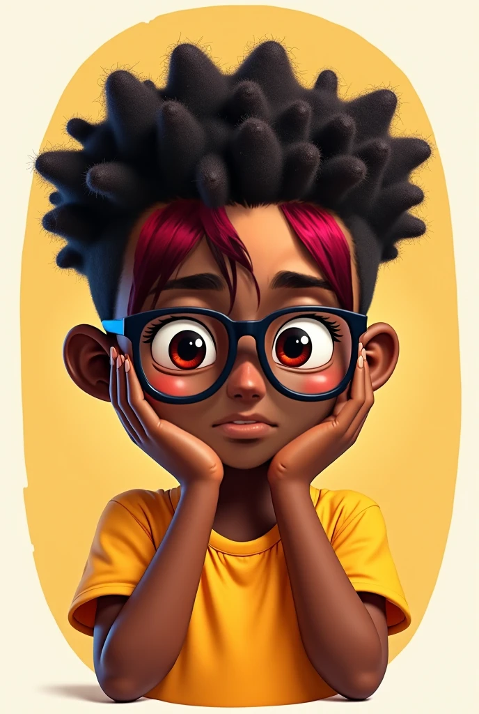 a young light-skinned brown teenager, Scrawny, with short curly hair, wearing glasses, with a black sweatshirt, large nose, a serious expression and a rainbow lgbt background