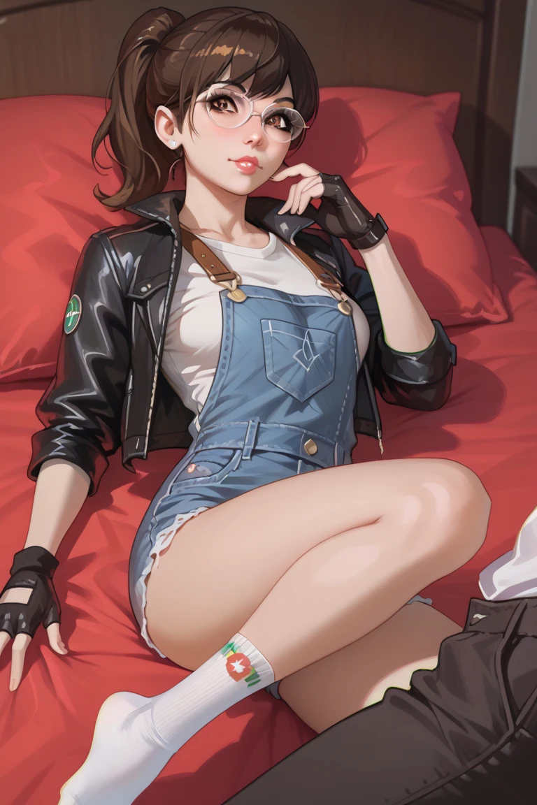 On the table, best quality, 1 Girl, (Claire Redfield), Brown hair, (Yellow eyes:1.2),(Vest)、((Denim shorts))、((Pantyhose))、((Ankle boots))、Length of hair、Ponytail
