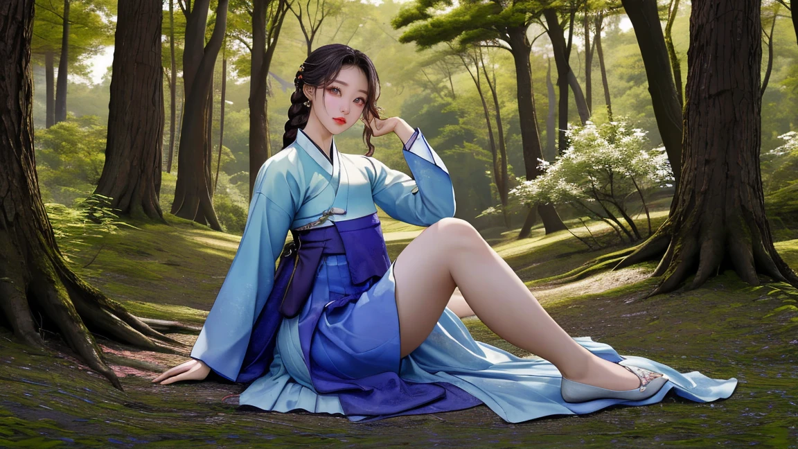 masterpiece, best quality, official art, 8k wallpaper, highly detailed, illustration, 1 girl, Azure hair, long hair, detailed eyes, forrest, bare shoulders, hanfu,lakes, pure, soft smile,bamboo,Tea