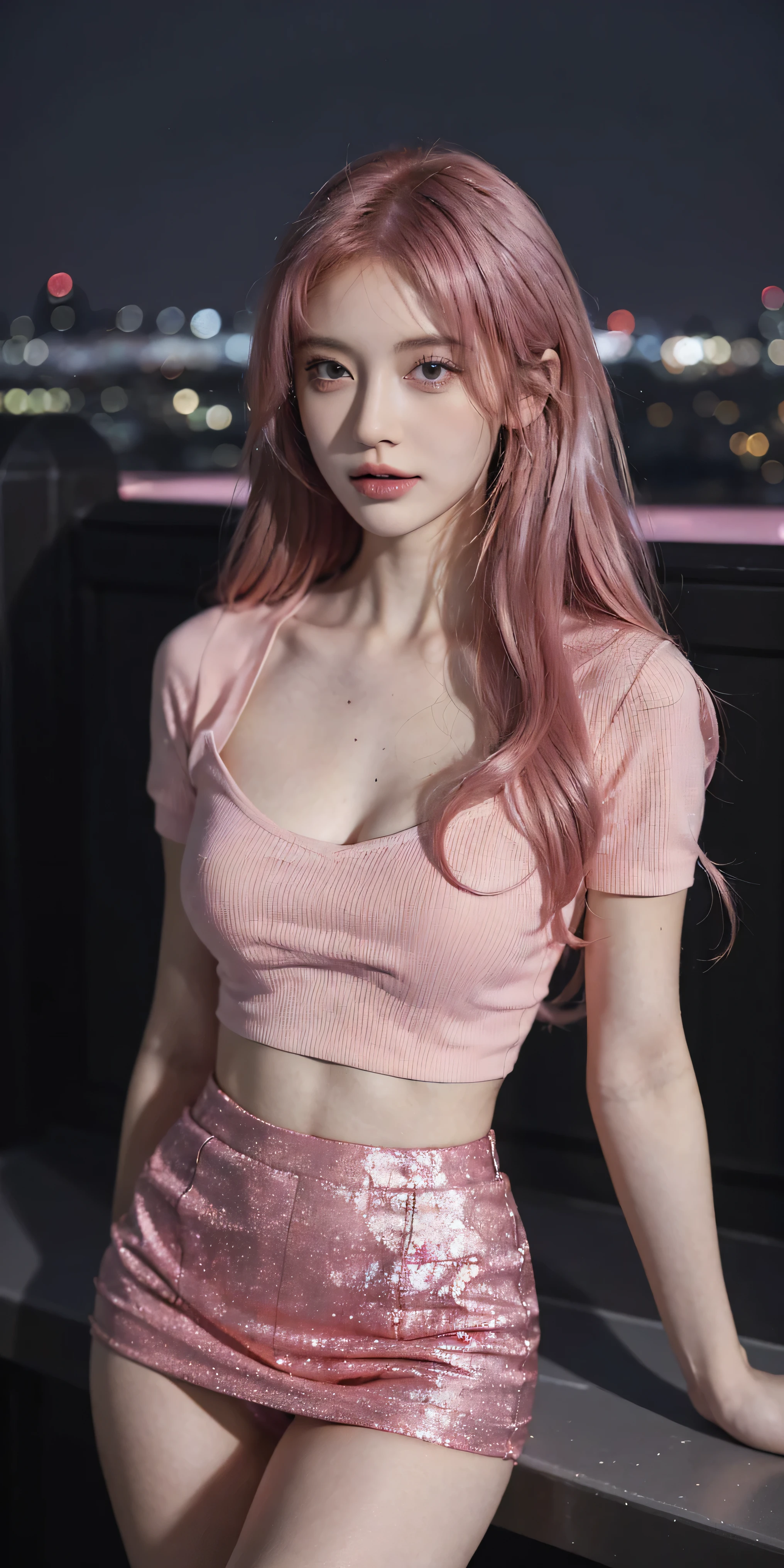 ((best qualtiy, 8K, tmasterpiece:1.3)), Focus:1.2, ((Barbie Girl)) ((Dolled Up))  ((Perfect figure Beautiful Woman: 1.4)), ((Sitting On Chair))  ((Random Bradied Hairstyle))（Wearing Porcelain  Pink Crop Top and Skirt With Belt：1.5，Highly Detailed Face and Skin Texture，二重まぶた，Detailed Skin，Wearing A Diamond  Chocker, Looking At Camera, Zoom Out On Woman