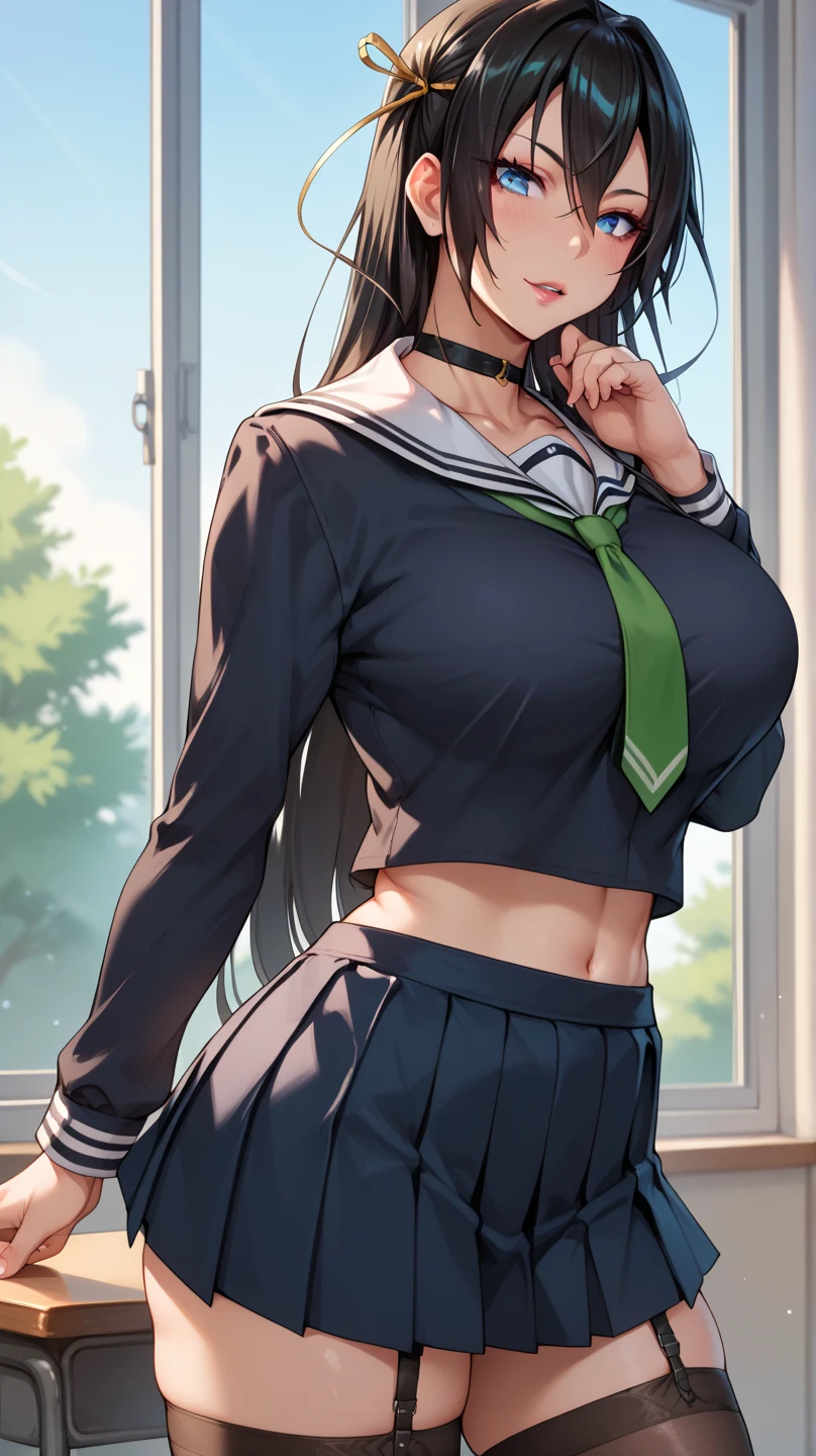 masterpiece、Highest quality、1 girl、solo、Big Breasts、Long Hair、Dark green hair、Light blue eyes、Office uniform、Jacket、Pencil Skirt、Panties under black pantyhose、(Put your hands on your own buttocks)、(Grab your own ass)、Turn your butt、Flip up the skirt、office