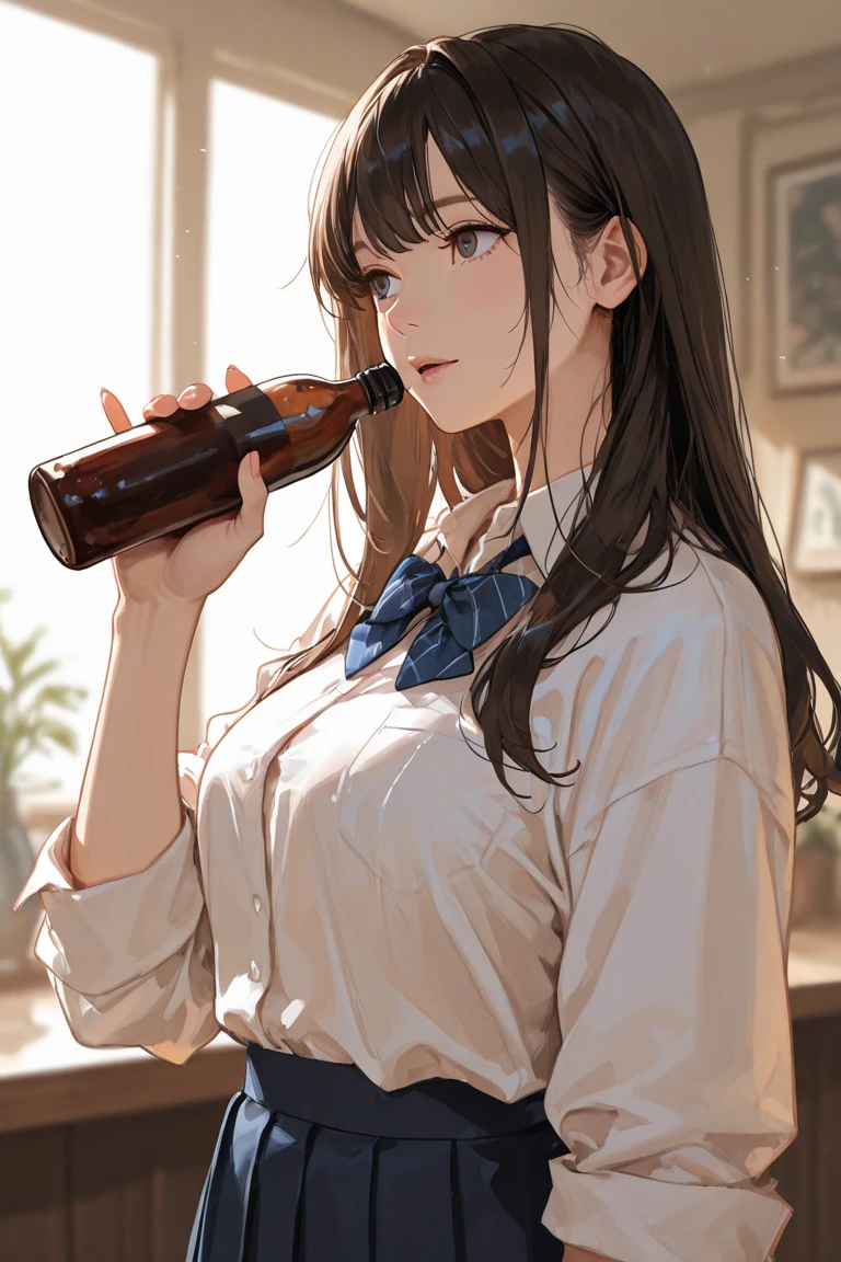 best quality, finely detailed, beautiful, HD, A 23 year old girl, long wavy light brown hair, brown eyes, eyes closed drinking a liquid, white shirt short-sleeved, black shorts, small breasts, standing, taking a science bottle with pink liquid, inside a scientific laboratory with white walls and white floor