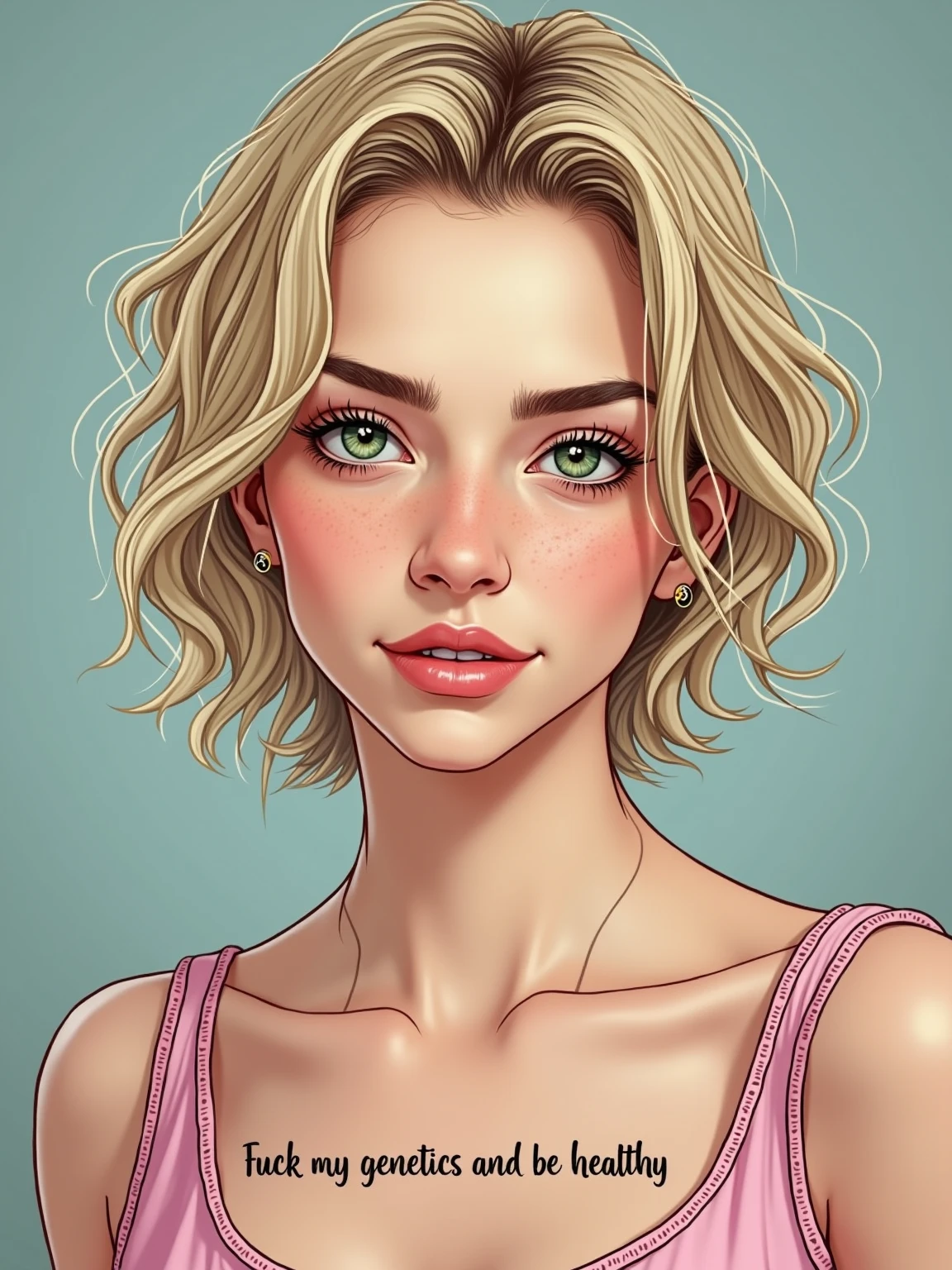 (best quality,4k,8k,highres,masterpiece:1.2),ultra-detailed,(realistic,photorealistic,photo-realistic:1.37),portrait,sexy woman,beautiful face,blonde hair,short bob hairstyle,seductive gaze,green eyes,pale skin turning pink,beautiful pink lips parted,sleeveless tight red crop top,denim short shorts