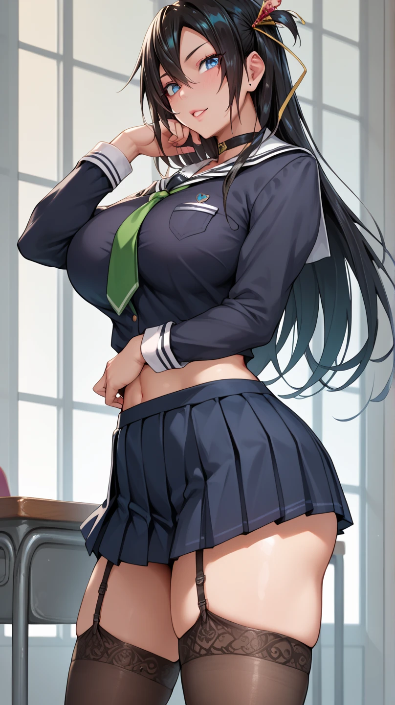 Woman leaning on desk, muscular, school uniform, skirt, ahegao, teasing eyes, background: classroom