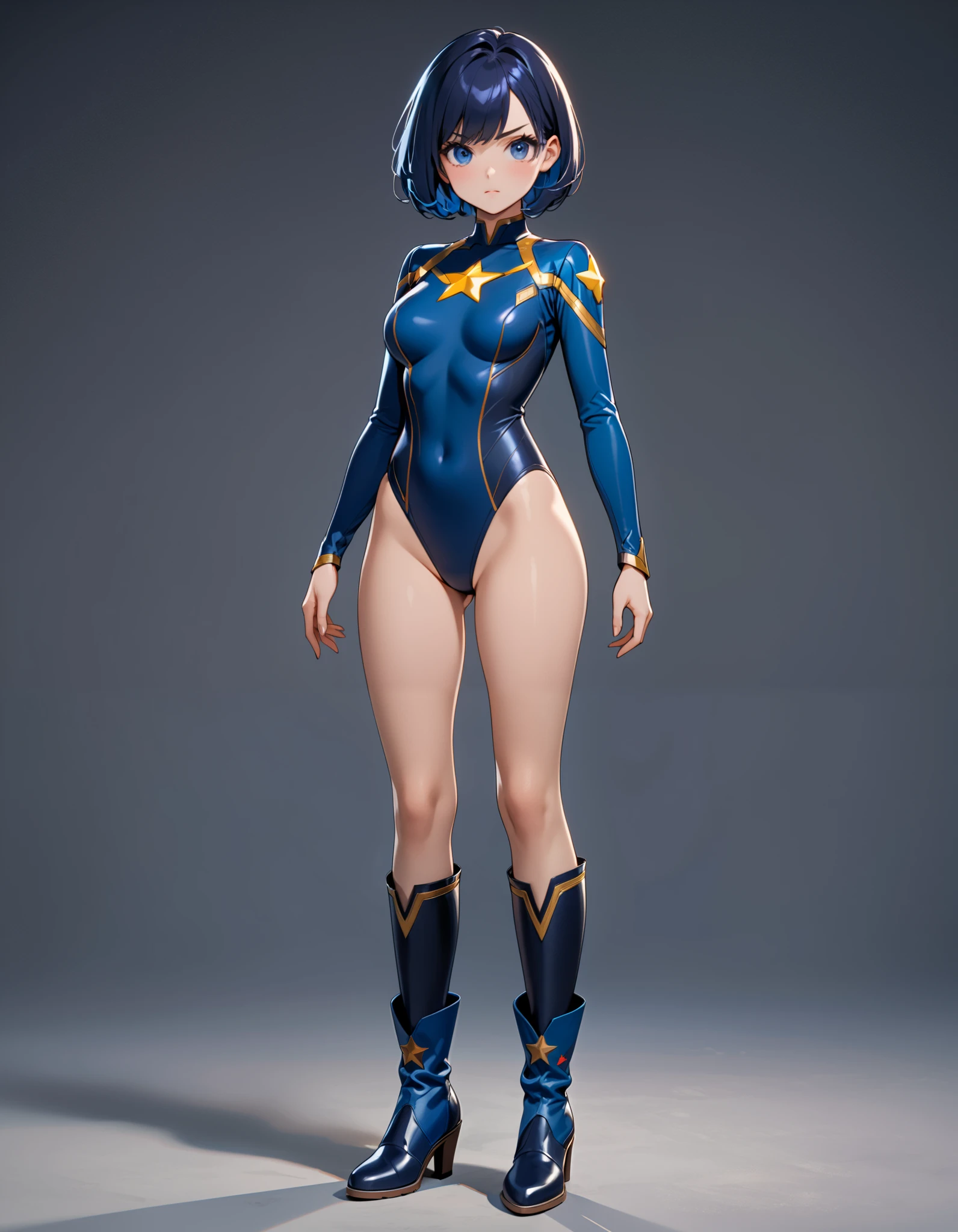 (masterpiece), (best quality), (high res), highly detailed, professional, 1girl, tall body, wonder, superhero, blue choker, blue eyes, blue footwear, blue gloves, matching boots, (blue leotard, competition swimsuit, elastic sleeves), medium breasts, brown hair, knee boots, short hair, bob hair, solo, determined, full body, college-age female, full body costume design. Simple background, Multiple Views, Character Sheet Full-Length,
