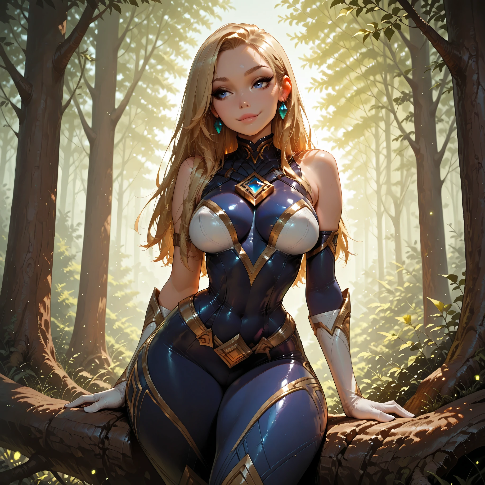 8k ultra HD photorealistic image of Lux from League of Legends, smiling, beautiful bright blue eyes, long eyelashes, blonde hair, long hair, extremely fine hair flowing over her shoulders, naturally full pink lips, peaky breasts, (toned thighs), (big round ass), curvy body, oval face. Wearing deflux armor, short tight blue bodysuit, white gloves, transparent high-heeled sandals. Seductive expression. with sensual look. Sitting on a fallen tree in Lonia Sacred Forest, standing, one arm resting on trunk, relaxed and sensual pose. Mystical environment with ancient trees, nature spirits, fireflies. Ultra detailed, touch of glamour and luxury, romanticized style, vibrant colors, rich textures. Perfect high-definition eyes, mouth, lips, ears, hands, fingers, feet, legs, knees. Hyper-detailed clothing and environment, intricate light and shadow details. Illustrations inspired by Artgerm, cinematic lighting, photorealistic details, hyper-detailed architecture, perfect composition, hyper-realistic textures, depth of field, award-winning architectural style. Extremely detailed, cinematic color grading, masterpiece quality, symmetrical body and face, artistic and sensual effect, (perfect face and eyes), (high detailed face and eyes), (high definition face and eyes), (eyelashes), (ExpresHGothicNeonIncase)