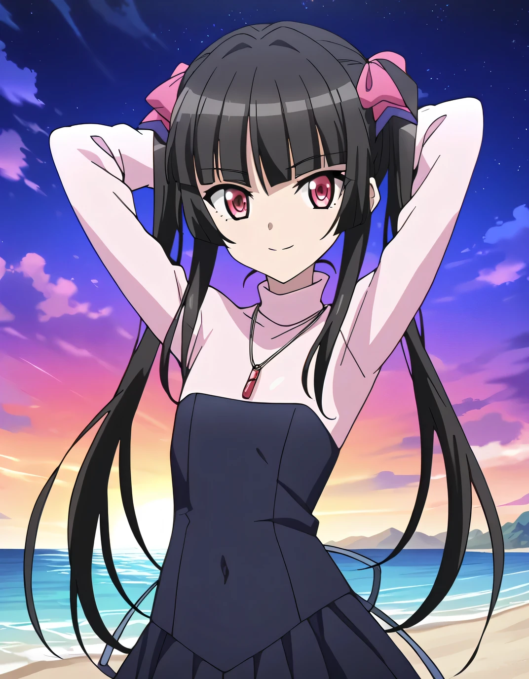 shirabe, pigtails, anime screencap, turtleneck dress, pendant, zettai ryouiki, shiny skin, high quality, solo, night sky, beach, hands behind head, ((contrapposto)), closed mouth, cowboy shot, looking at viewer, smile, best quality