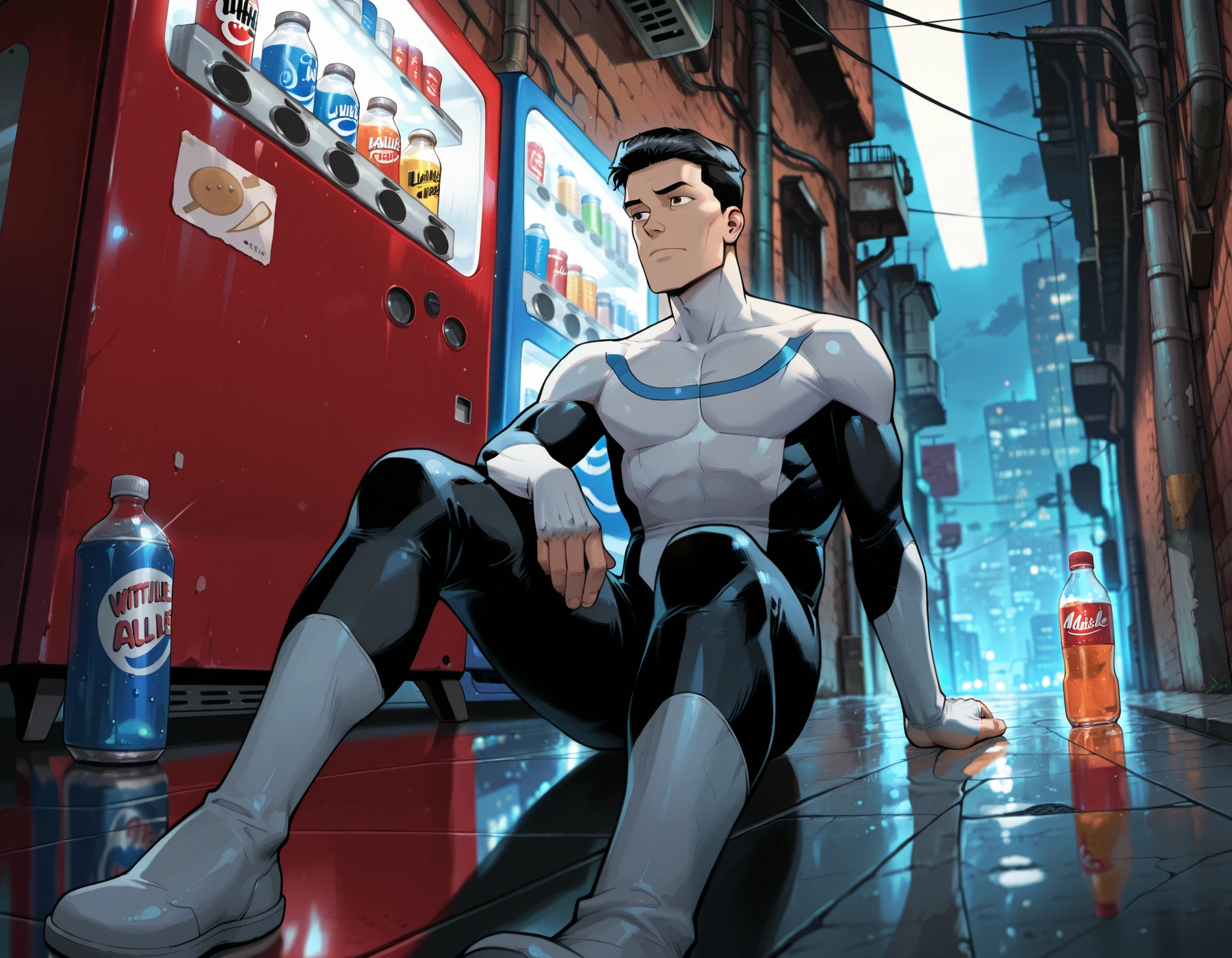 Invincible, 1boy, male focus, black hair, short hair, brown eyes, solo, bodysuit, sits on the ground beside two illuminated vending machines at night., he holds a canned drink with both hands and looks at it. Empty cans and plastic bottles are scattered around him on the tiled floor. The vending machines are filled with colorful drinks. The setting is an urban alley, slightly dimly lit, with a peaceful atmosphere, anime-style, soft lighting, cinematic composition, (anime style),Mark Grayson, Invincible, Mark, Low-angle shot, Slightly tilted perspective, Three-quarter view, Mid-range shot
