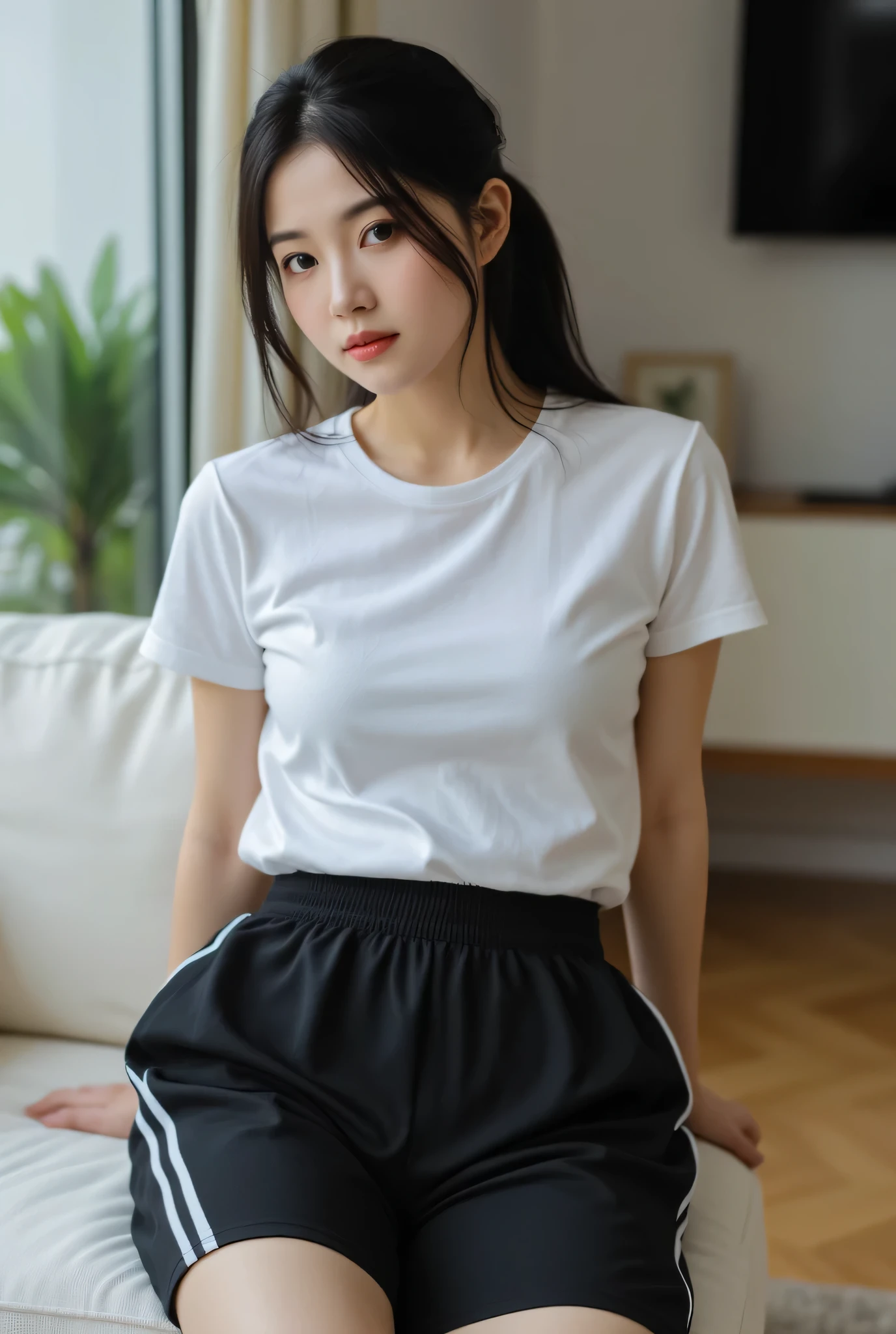 beautiful woman sleeping in t-shirt, tight shorts, tracksuit, shorts, white skin, black hair, in the bedroom, open crotch, underpants, pantis, red