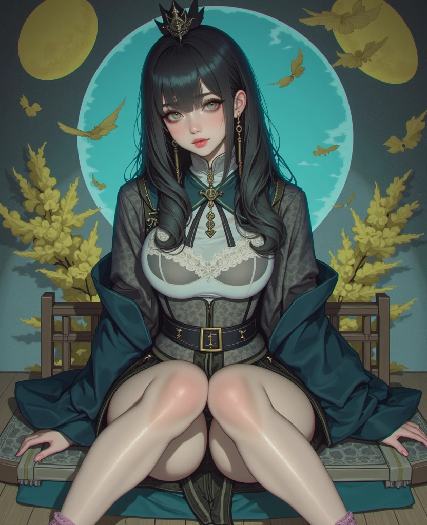 An anime woman sitting in a throne with black hair, black cat ears, showing her breasts