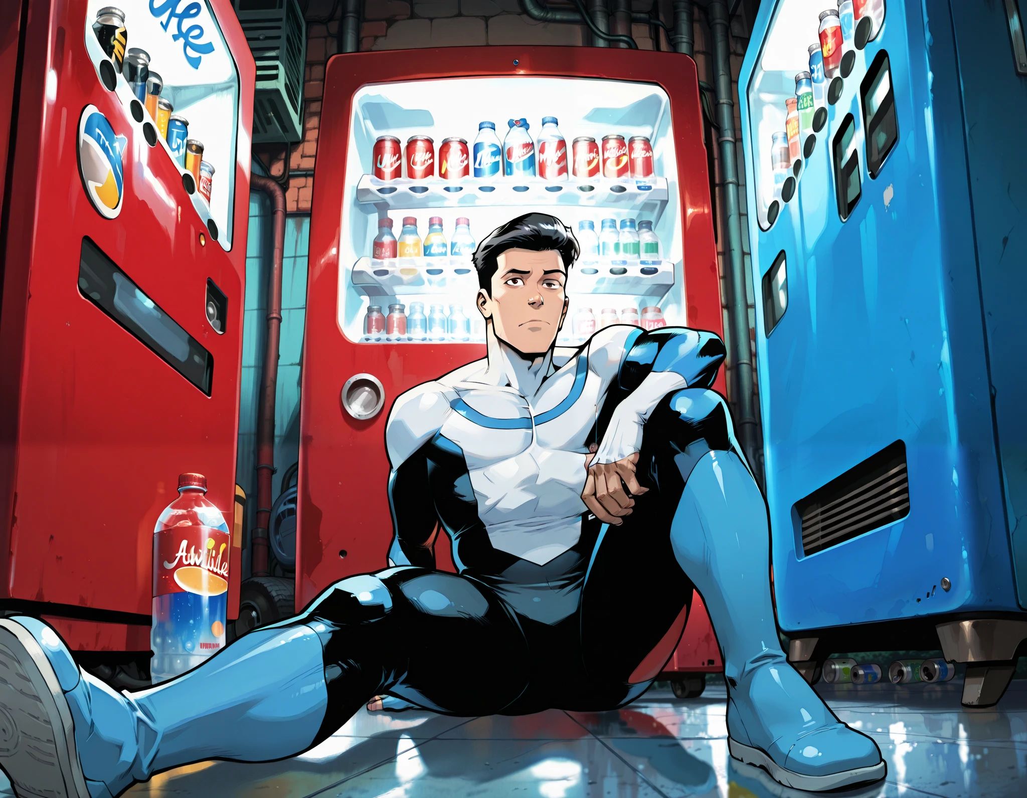 Invincible, 1boy, male focus, black hair, short hair, brown eyes, solo, bodysuit, sits on the ground beside two illuminated vending machines at night., he holds a canned drink with both hands and looks at it. Empty cans and plastic bottles are scattered around him on the tiled floor. The vending machines are filled with colorful drinks. The setting is an urban alley, slightly dimly lit, with a peaceful atmosphere, anime-style, soft lighting, cinematic composition, (anime style),Mark Grayson, Invincible, Mark, Low-angle shot, Slightly tilted perspective, Three-quarter view, Mid-range shot