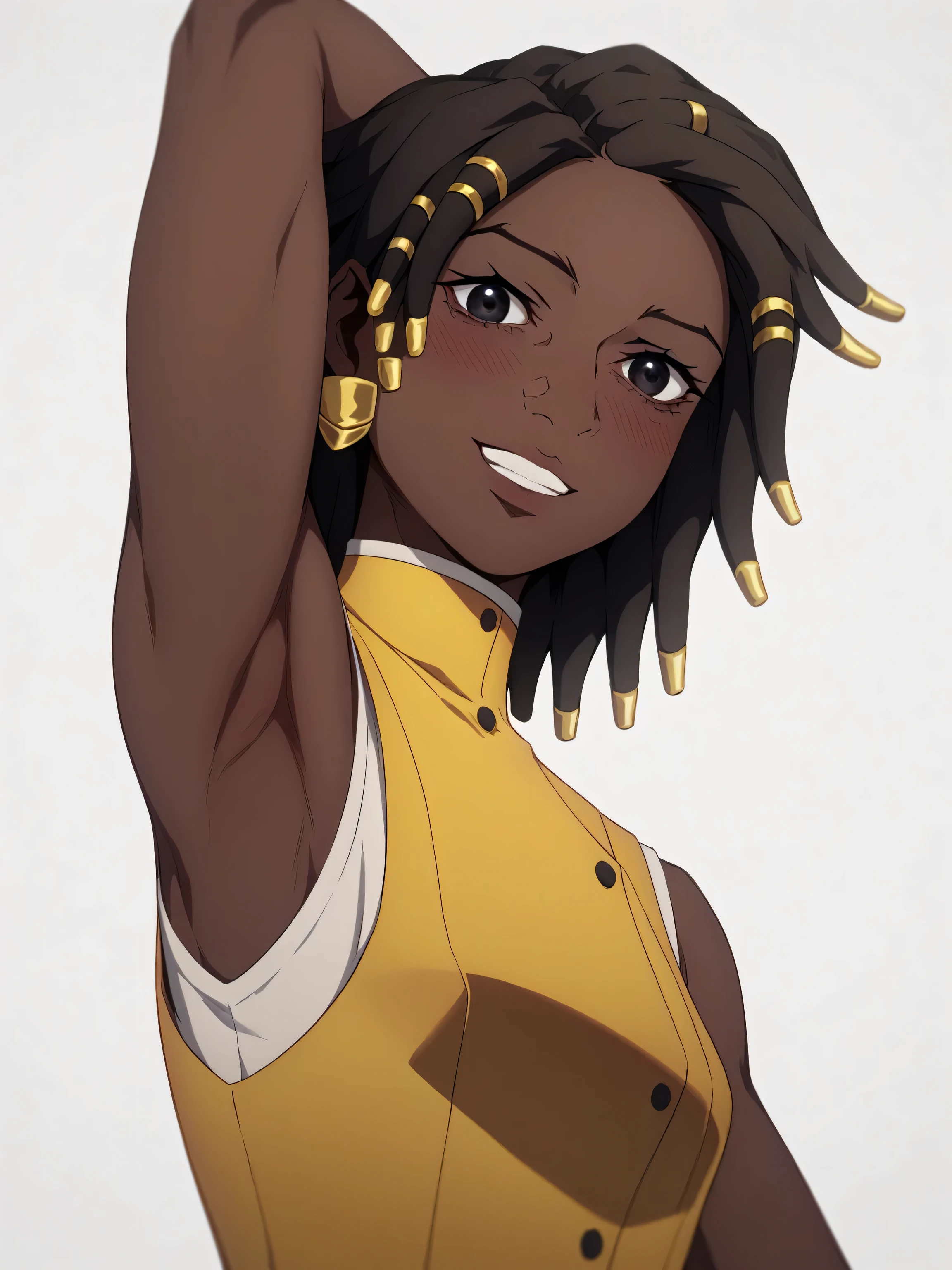 score_9, score_8_up, score_7_up, source_anime, masterpiece, best quality, amazing quality, 1girl, solo, castlevaniaannette, short hair, black hair, dark skin, black eyes, dark-skinned female, very dark skin, dreadlocks, shirt, white shirt, vest, yellow vest, sleeveless, bare shoulders, bare arms, arm behind head, armpit, head towards viewer, looking at viewer, smile, teeth, blush, (frontlighting:1.1), from side, from below, white background, simple background