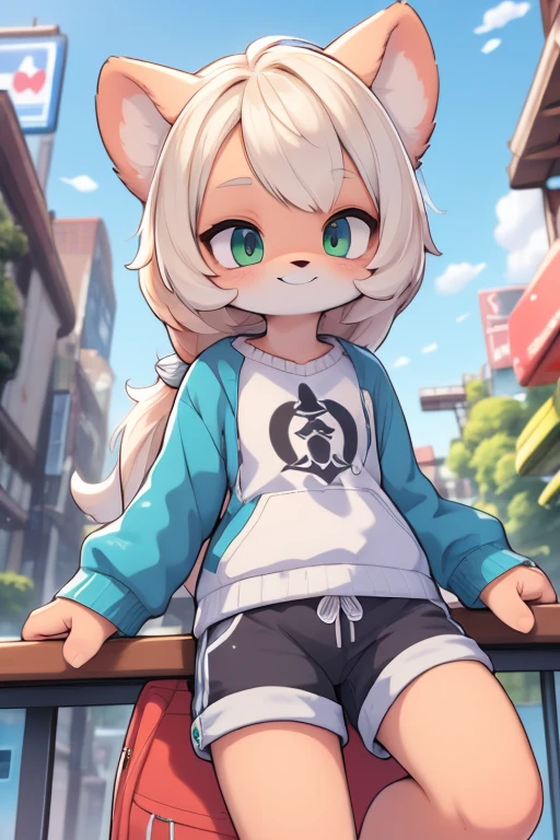 anthro boy cat, long hair, cat tail, solo, furry, furry boy, 1boy, :3, cat smile, (girly, young, gray fur, gray body, blue eyes, gray hair:1.2), (panties, green sweater), (detailed background, park, day, summer, gray background), pose, bow collar